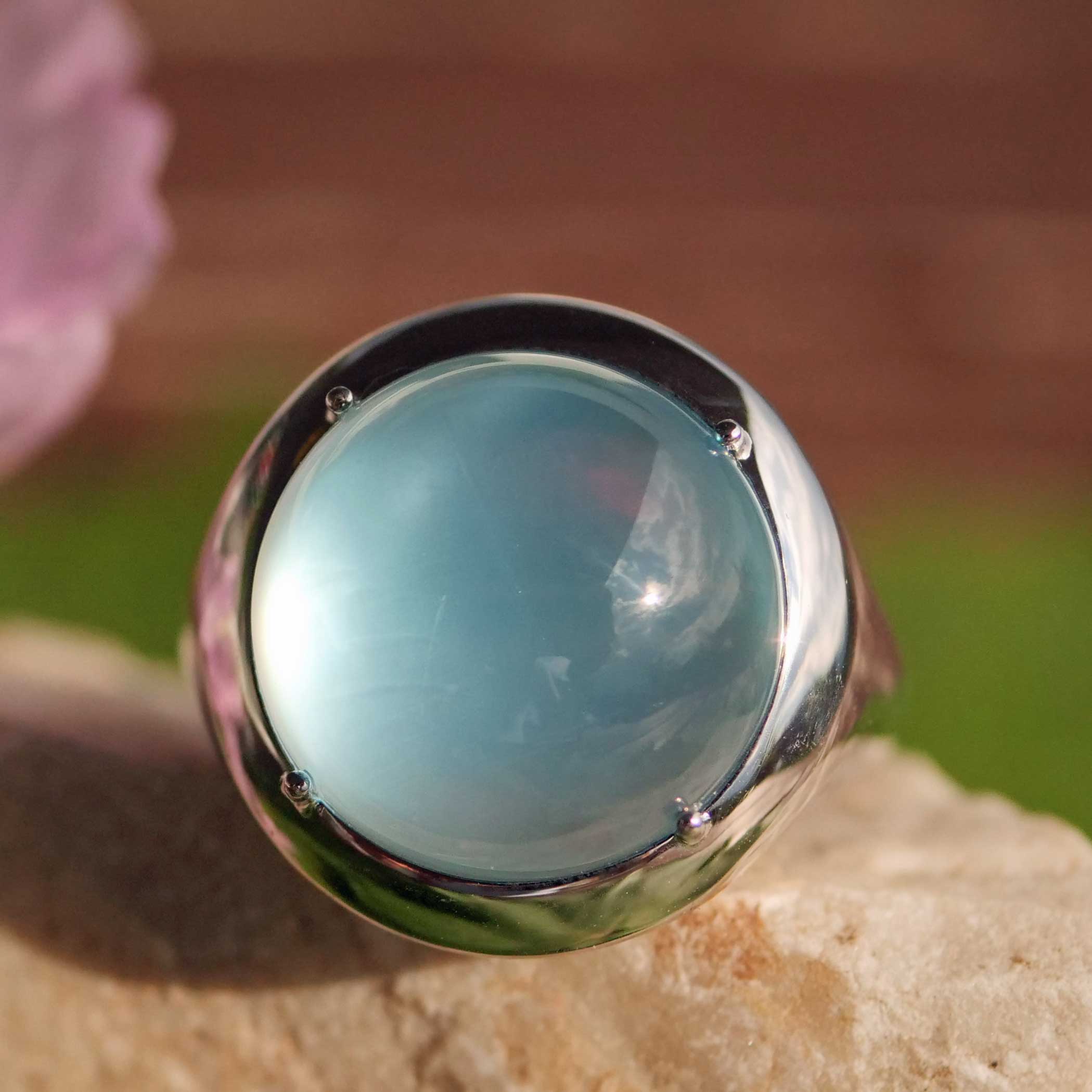 Moderner Blautopas Perlmut Ring 750er Weissgold skyblue Bubble 20 mm Durchmesser 