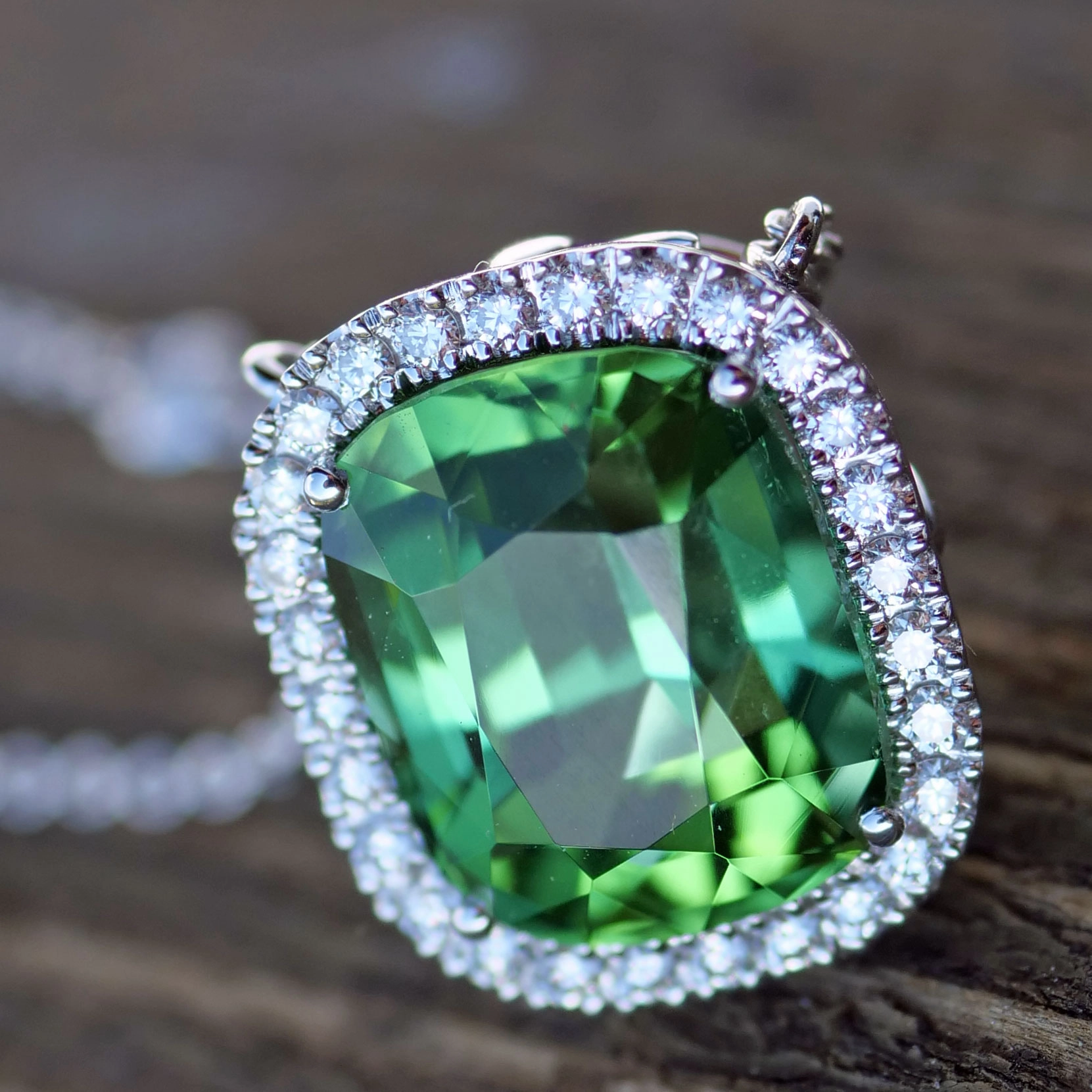 Turmalin Brillant Collier 750er Weissgold Investment lagun-grün Afghanistan 8.35 ct AAA+ Lupenrein