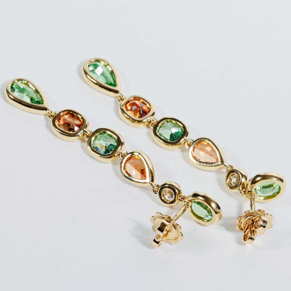 Seltene Mandarin Granat Tsavorith Brillant Chandelier Ohrhänger  750er Gelbgold 6.21 ct 0.24 ct Ausnahmefarbe Orange und Grün