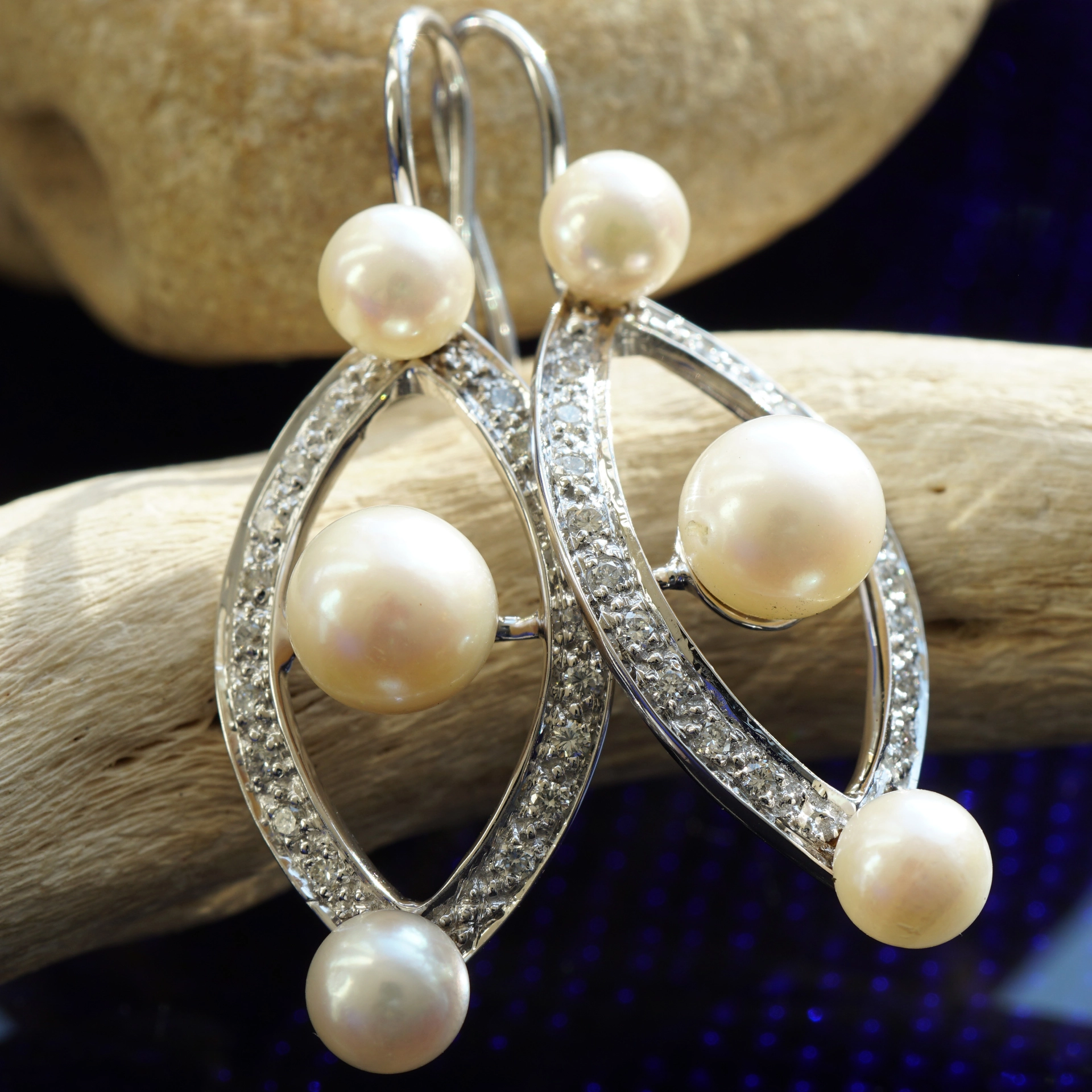 Brillant Perl Ohrhänger 750er Weissgold Ellipse Rivoire 0.44 ct W VS 40 x 14 mm