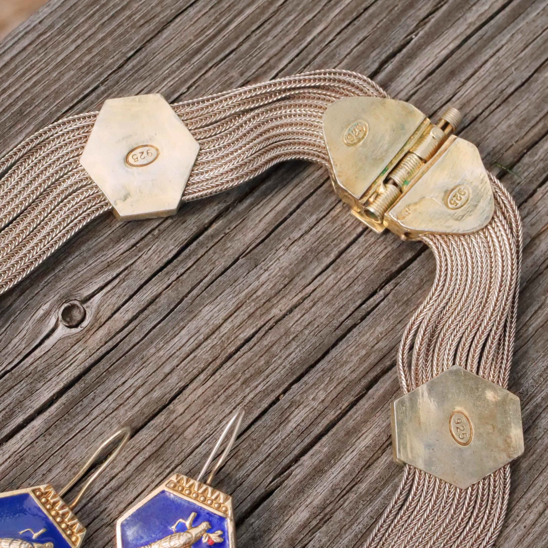 Florales Silber Emaille Collier mit passenden Ohrhängern...sehr dekorativ mit kleinen Vögelchen