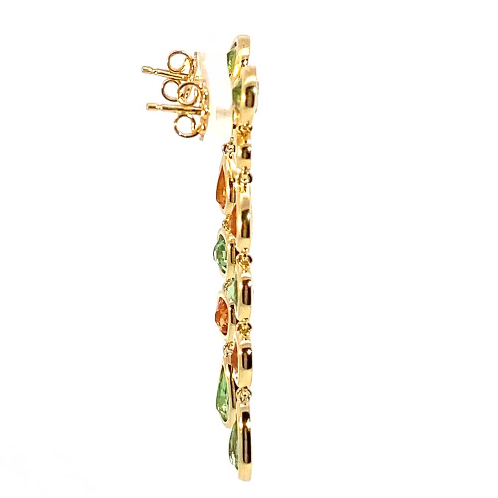 Seltene Mandarin Granat Tsavorith Brillant Chandelier Ohrhänger  750er Gelbgold 6.21 ct 0.24 ct Ausnahmefarbe Orange und Grün
