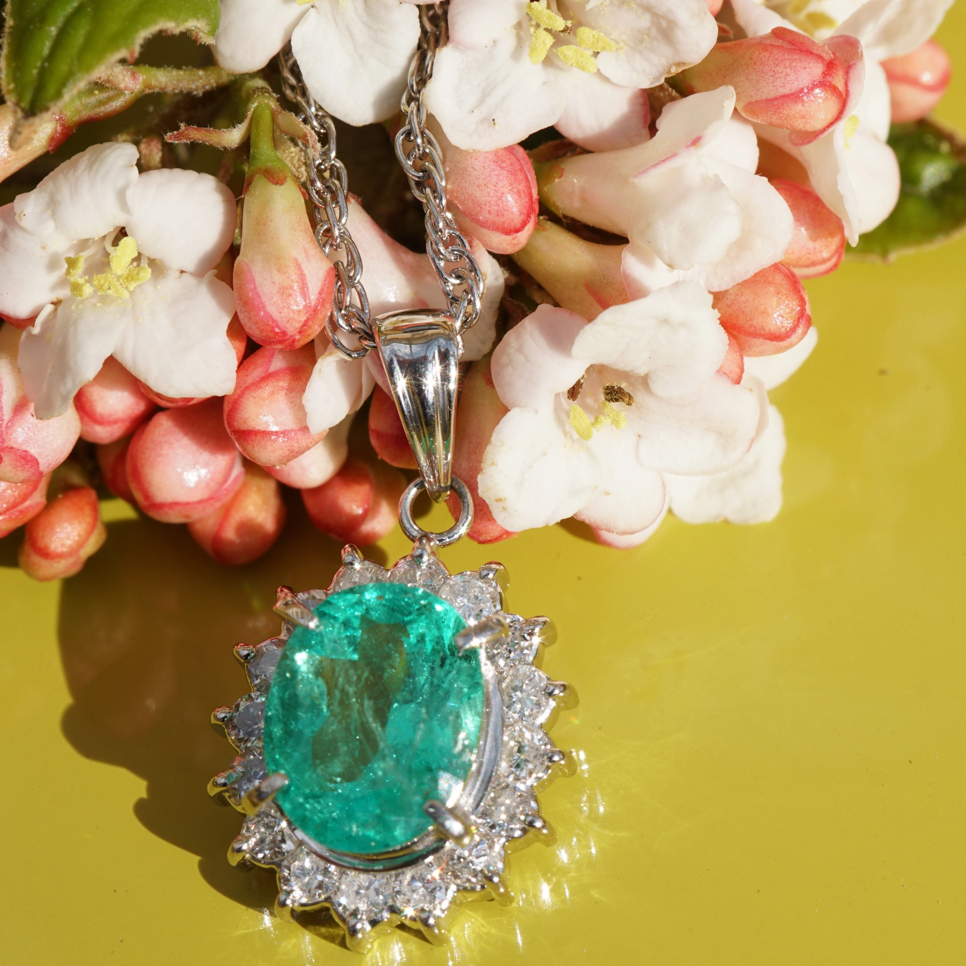 Smaragd Brillant Anhänger m. Kette 1.74 ct 0.50 ct AAA+ 900er Platin Kolumbien