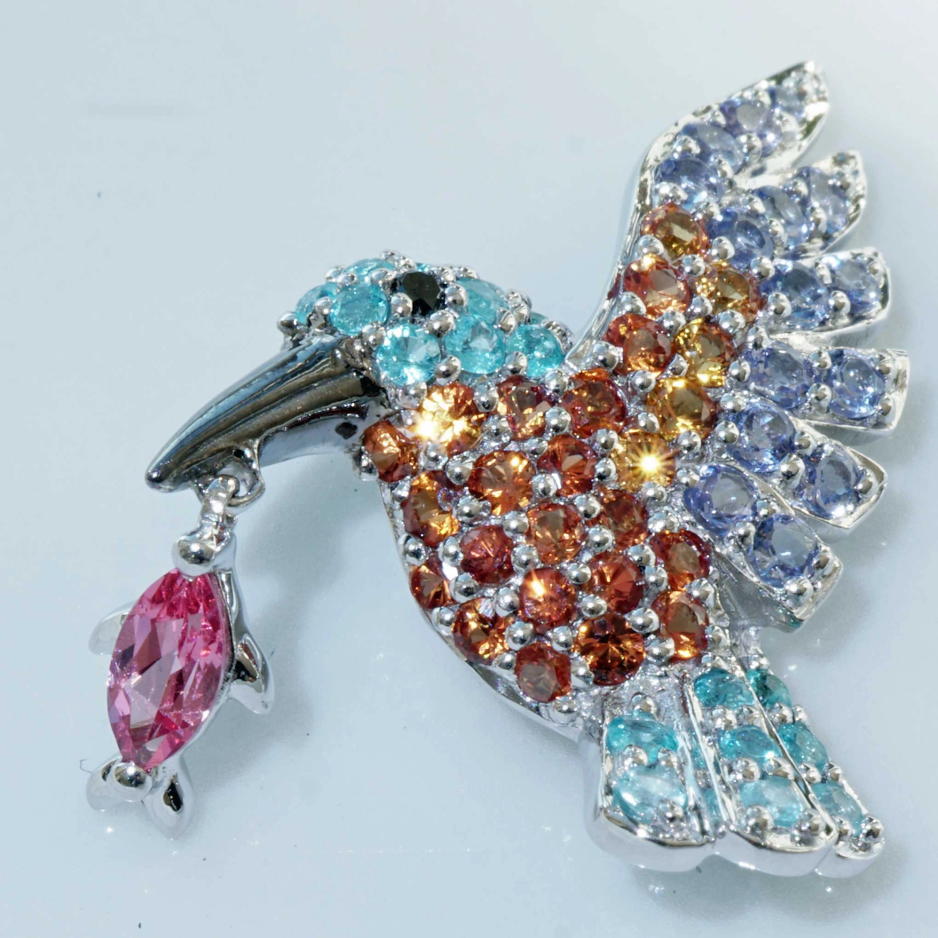 Eisvogel Anhänger 750er Weissgold Paraiba Turmalin Spinell ...der frühe Vogel fängt den Fisch