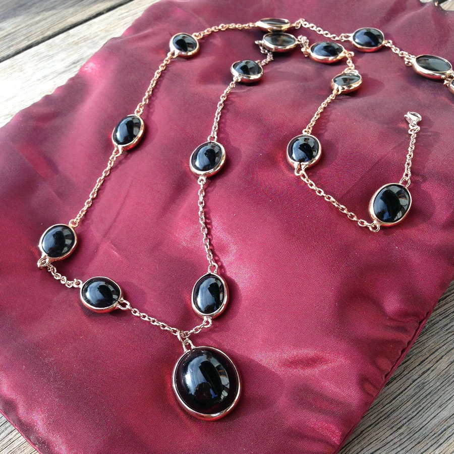 Onyx Kette lang  mit Anhänger  925er Silber rosevergoldet 88 cm lang
