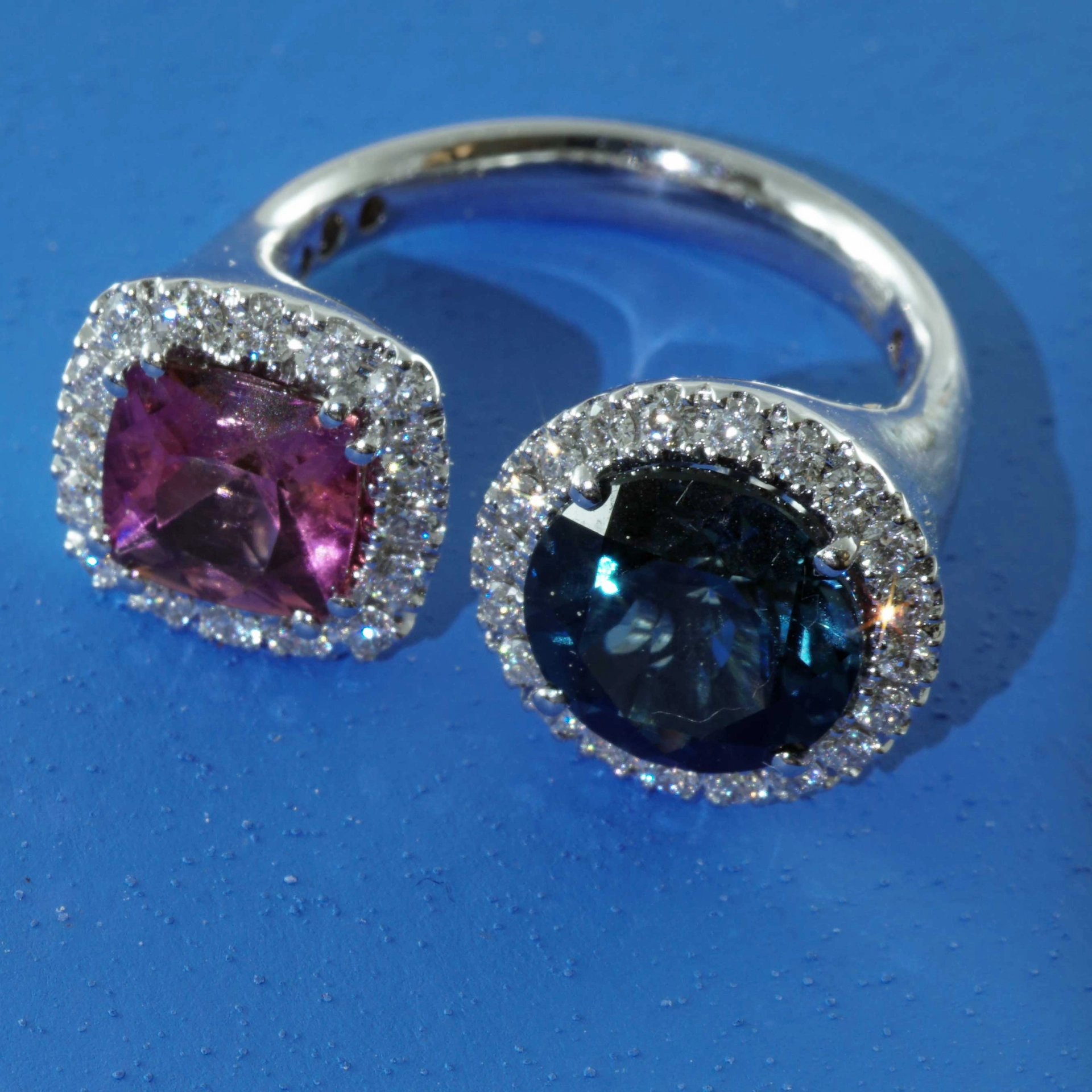 Rosa Turmalin Blautopas Brillant Ring 750er Weissgold 1.41 ct 3.38 ct 0.56 ct...Zwillingsring