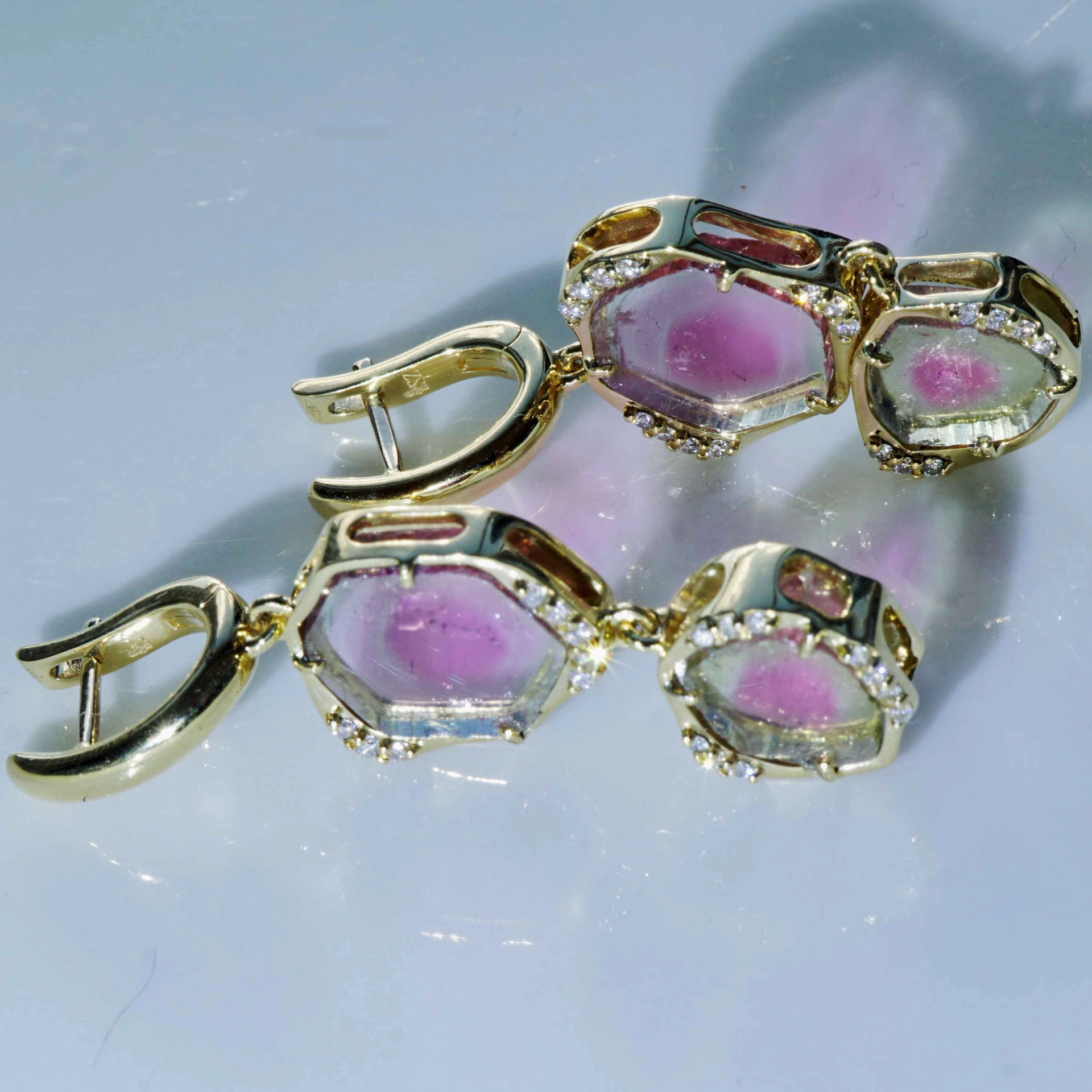 Turmalin Brillant 30 ct Wassermelonen Set Ring Anhänger Ohrhänger 750er Gelbgold