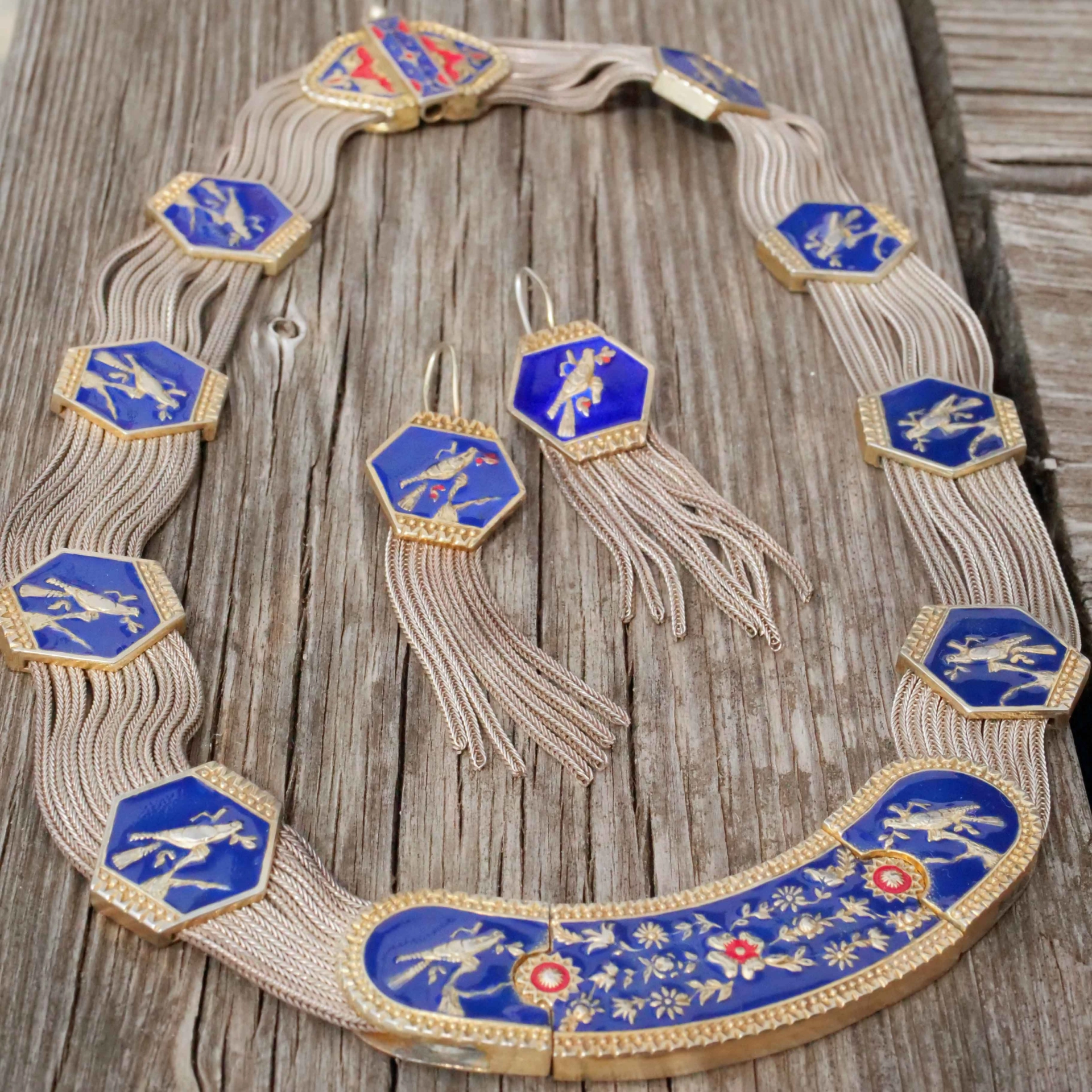 Florales Silber Emaille Collier mit passenden Ohrhängern...sehr dekorativ mit kleinen Vögelchen