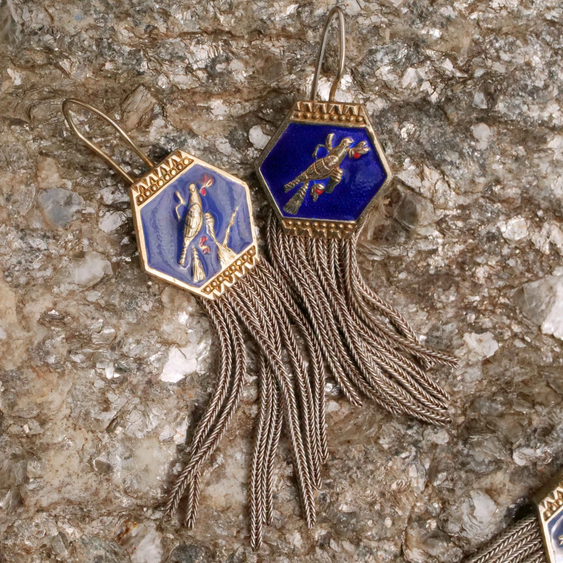 Florales Silber Emaille Collier mit passenden Ohrhängern...sehr dekorativ mit kleinen Vögelchen