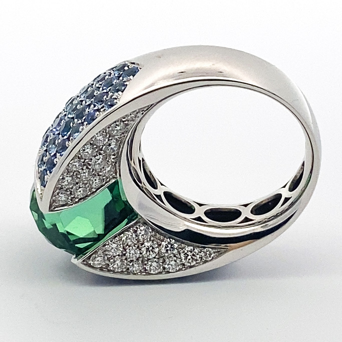 Lagoon Green Turmalin Saphir Brillant Ring 750er Weissgold Afghanistan 12.56 ct AAA+