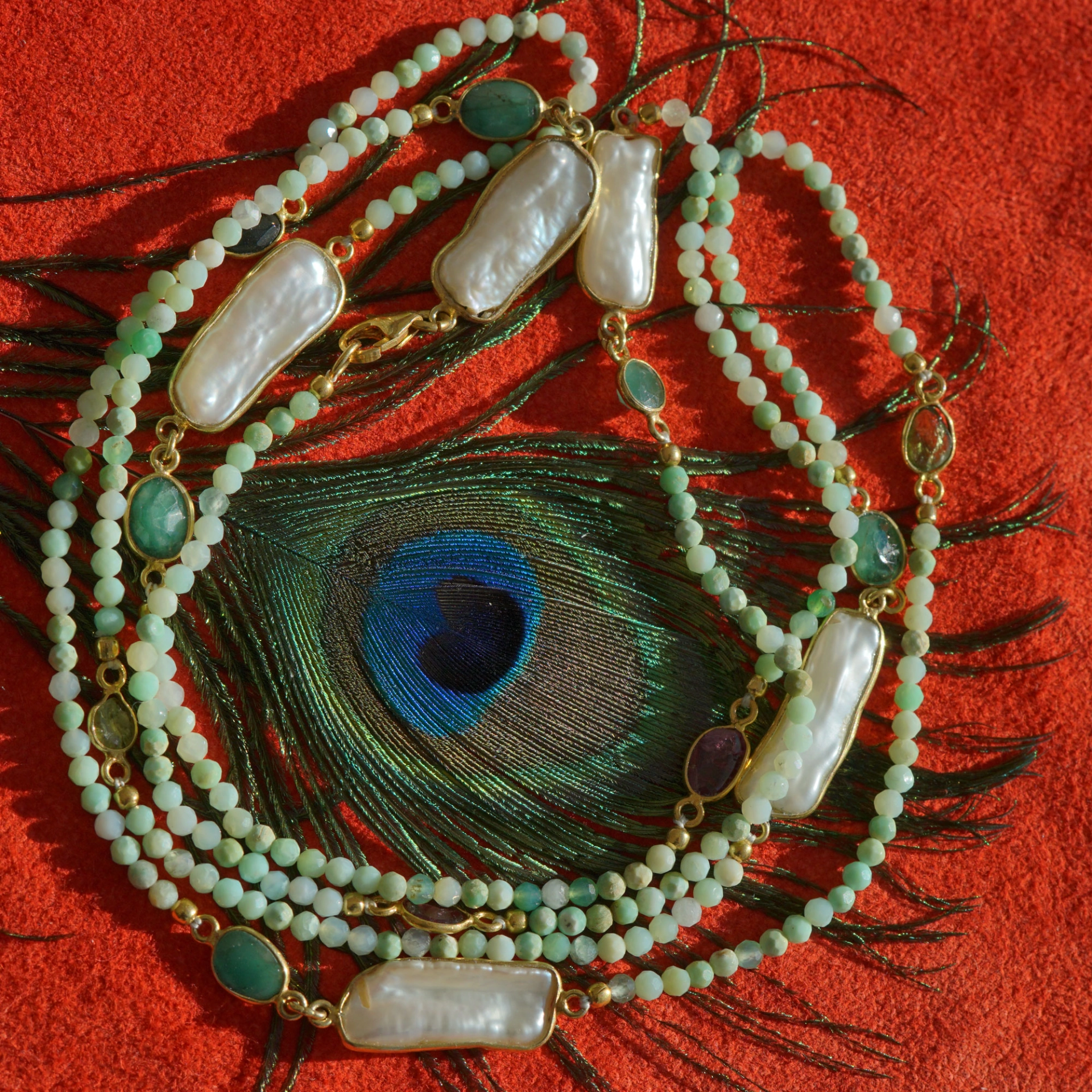 Turmalin Smaragd Biwaperl Kette 90 cm lang Silber vergoldet Karabinerschliesse COOL