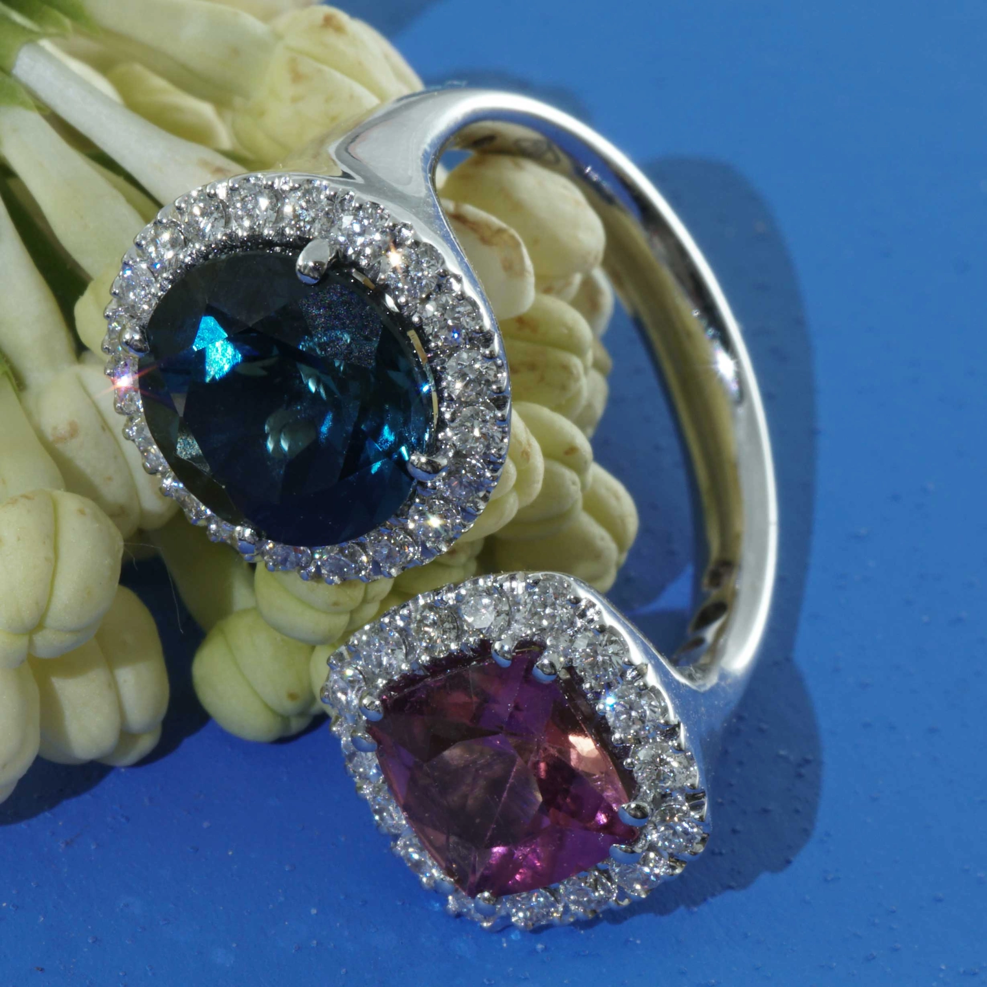 Rosa Turmalin Blautopas Brillant Ring 750er Weissgold 1.41 ct 3.38 ct 0.56 ct...Zwillingsring