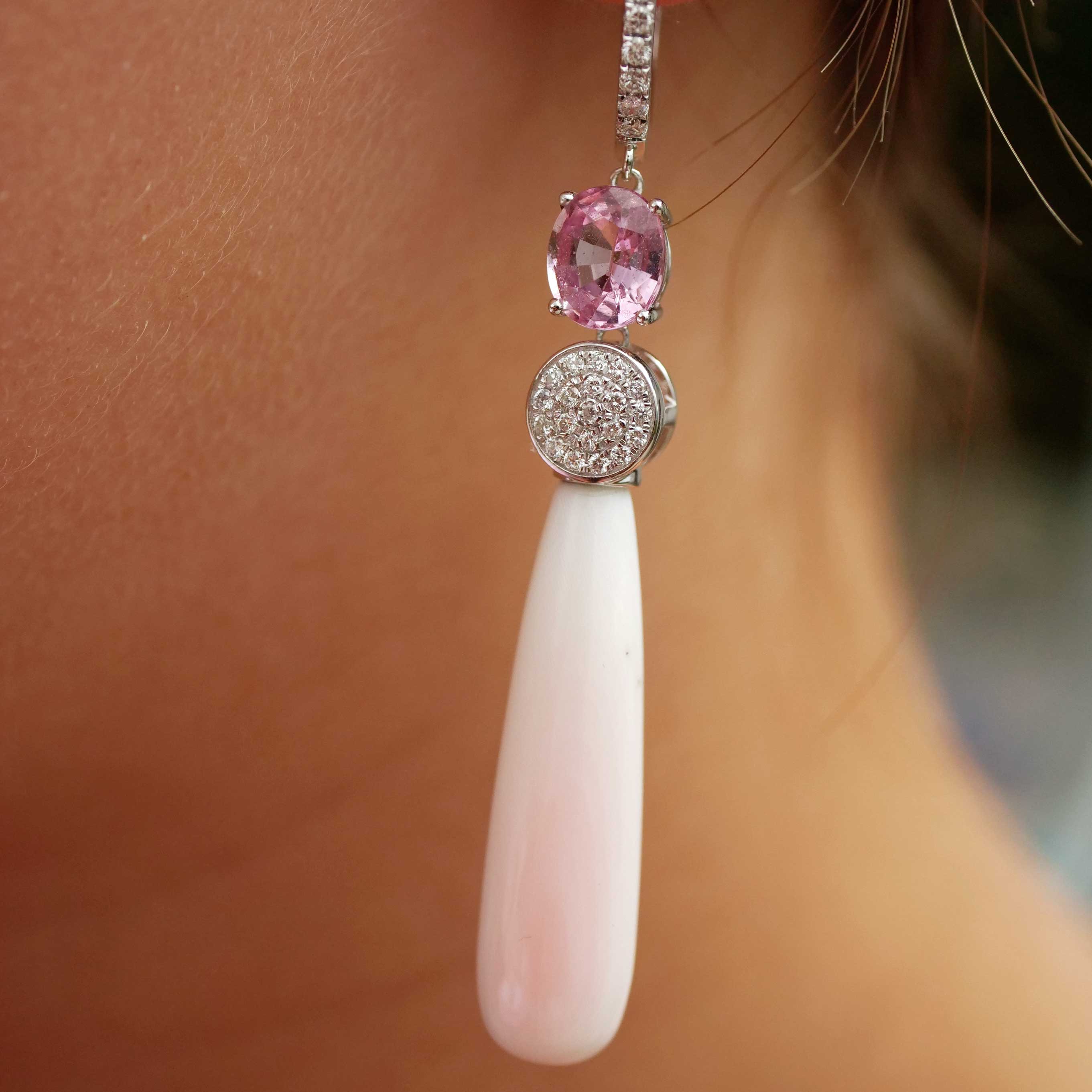 Spinell Brillant Perlmut Ohrhänger 750er Weissgold 0.47 ct TW VS Mine Tadschikistan 2.15 ct tolles Pink