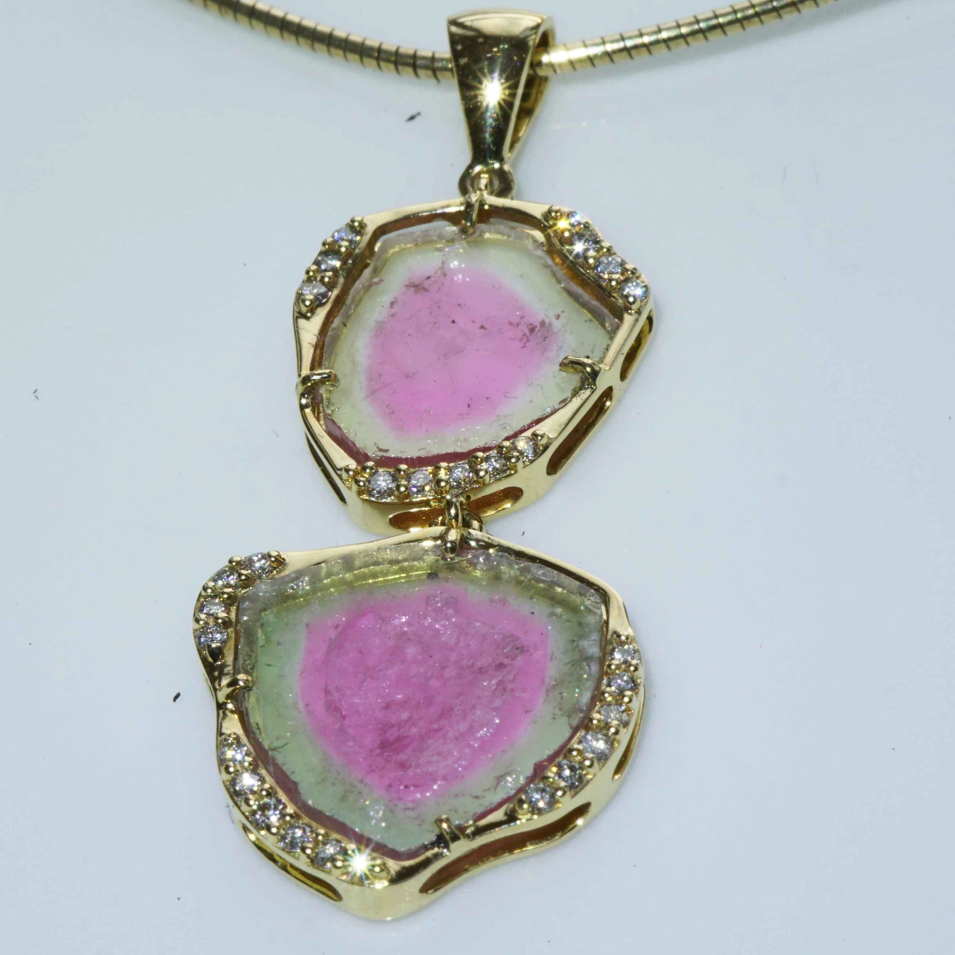 Turmalin Brillant 30 ct Wassermelonen Set Ring Anhänger Ohrhänger 750er Gelbgold