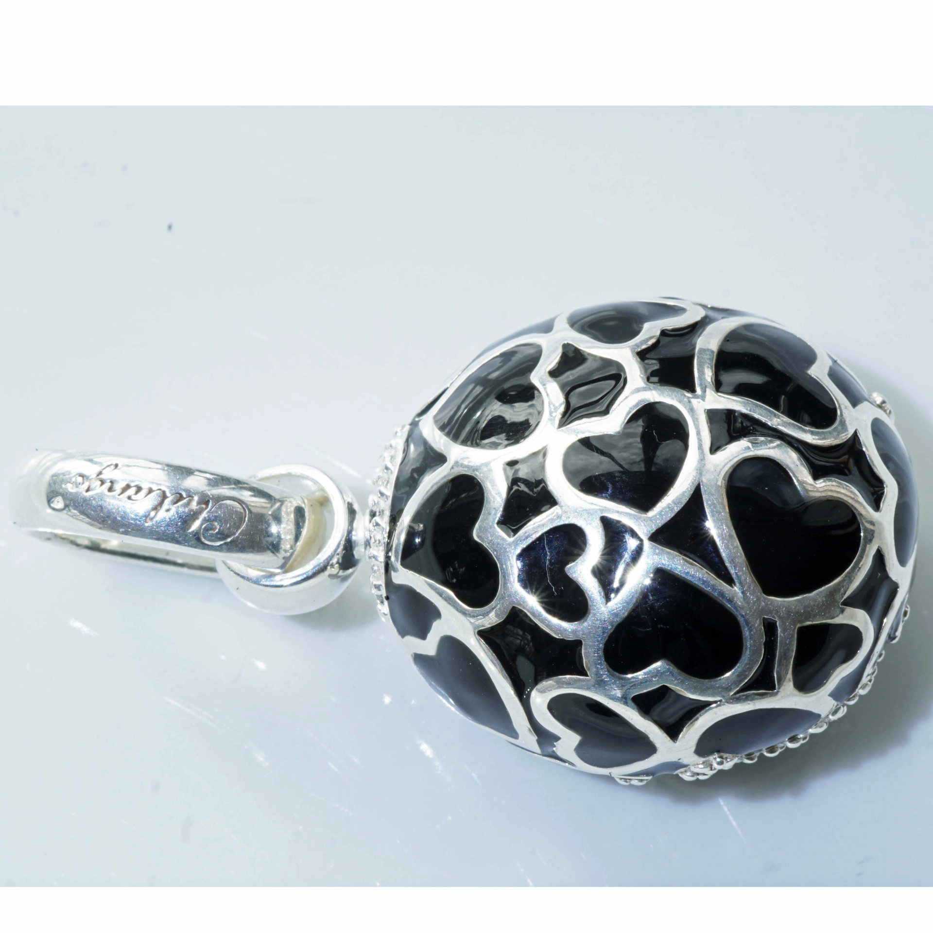Original Chilango Anhänger im Stil Faberge Emaille Heart Black 925er Silber mit Steinbesatz