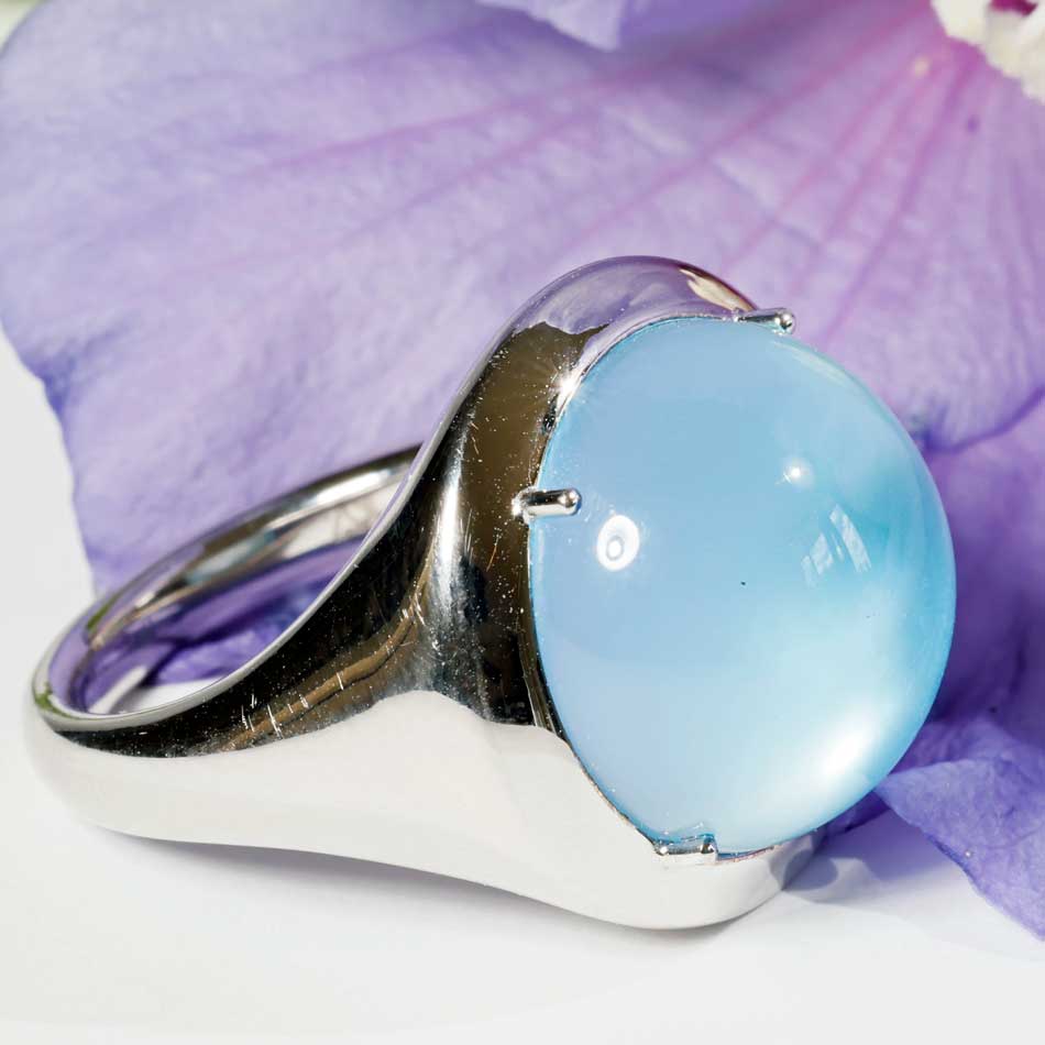 Moderner Blautopas Perlmut Ring 750er Weissgold skyblue Bubble 20 mm Durchmesser