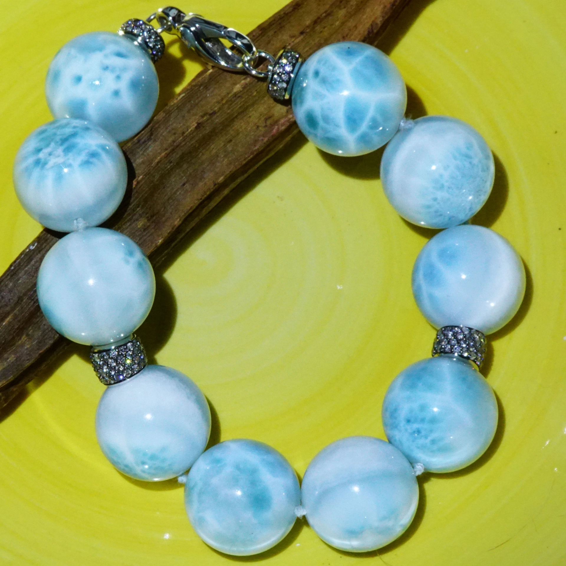 Larimar Brillant Armband 750er Weissgold..eine blau-weisse bewolkte Versuchung...20 mm Kugeln in AAA