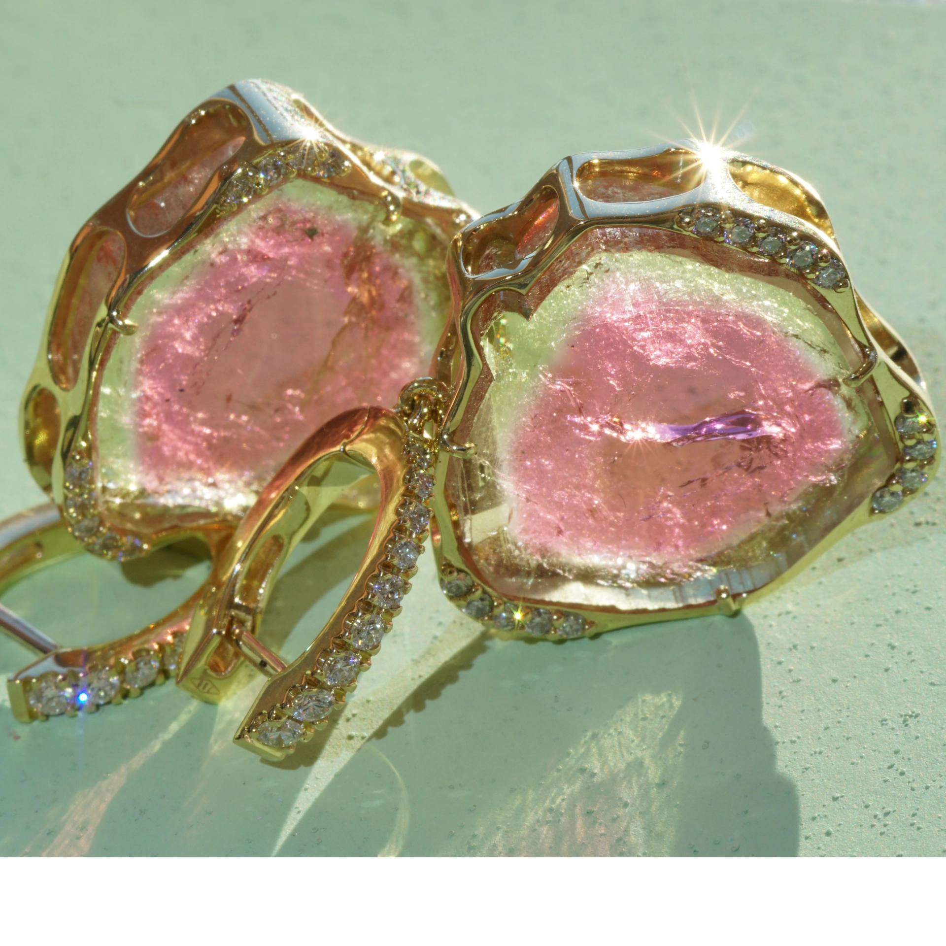 Wassermelonen Turmalin Brillant Ohrhänger 750er Gelbgold 31.97 ct 0.45 ct....Wunder der Natur