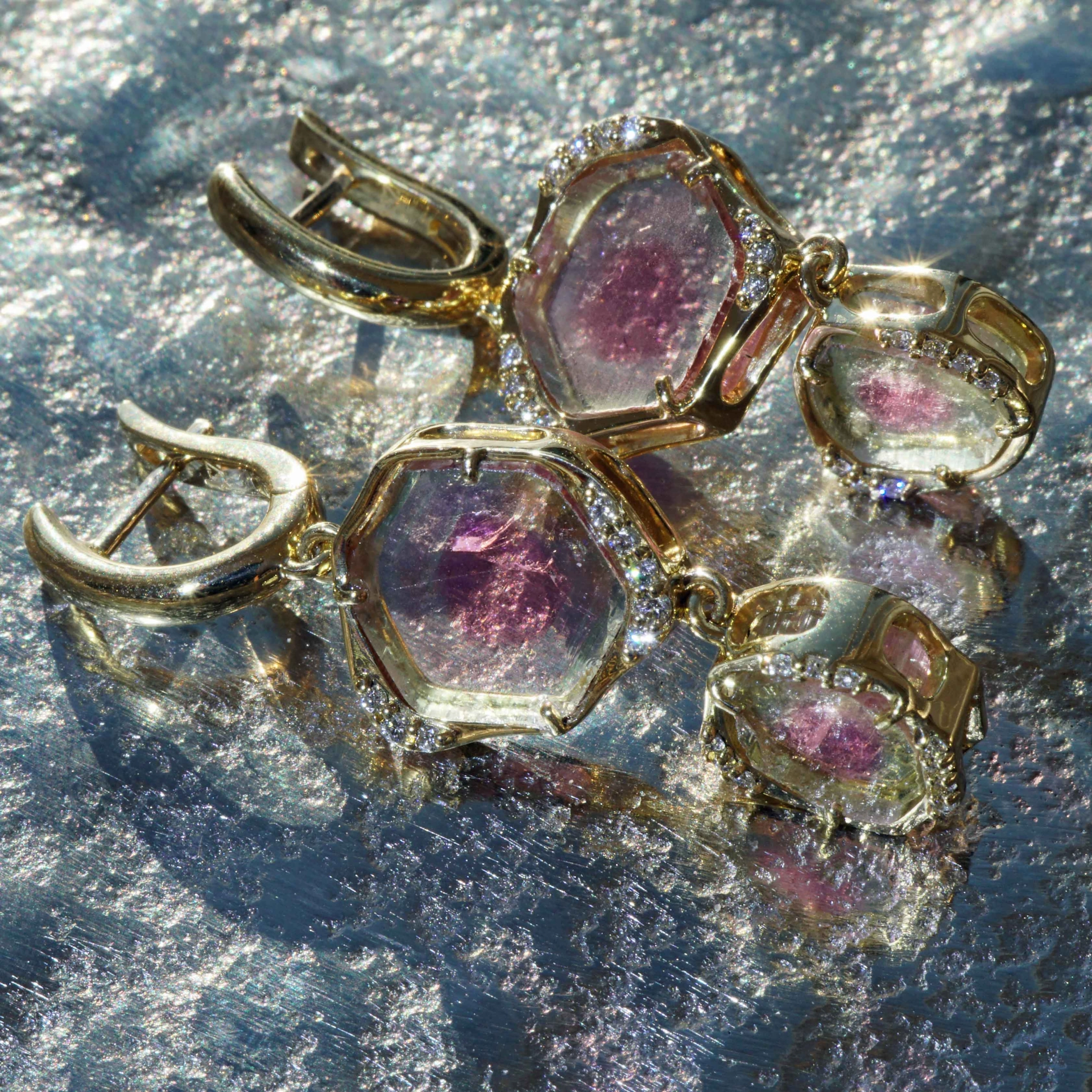 Turmalin Brillant 30 ct Wassermelonen Set Ring Anhänger Ohrhänger 750er Gelbgold