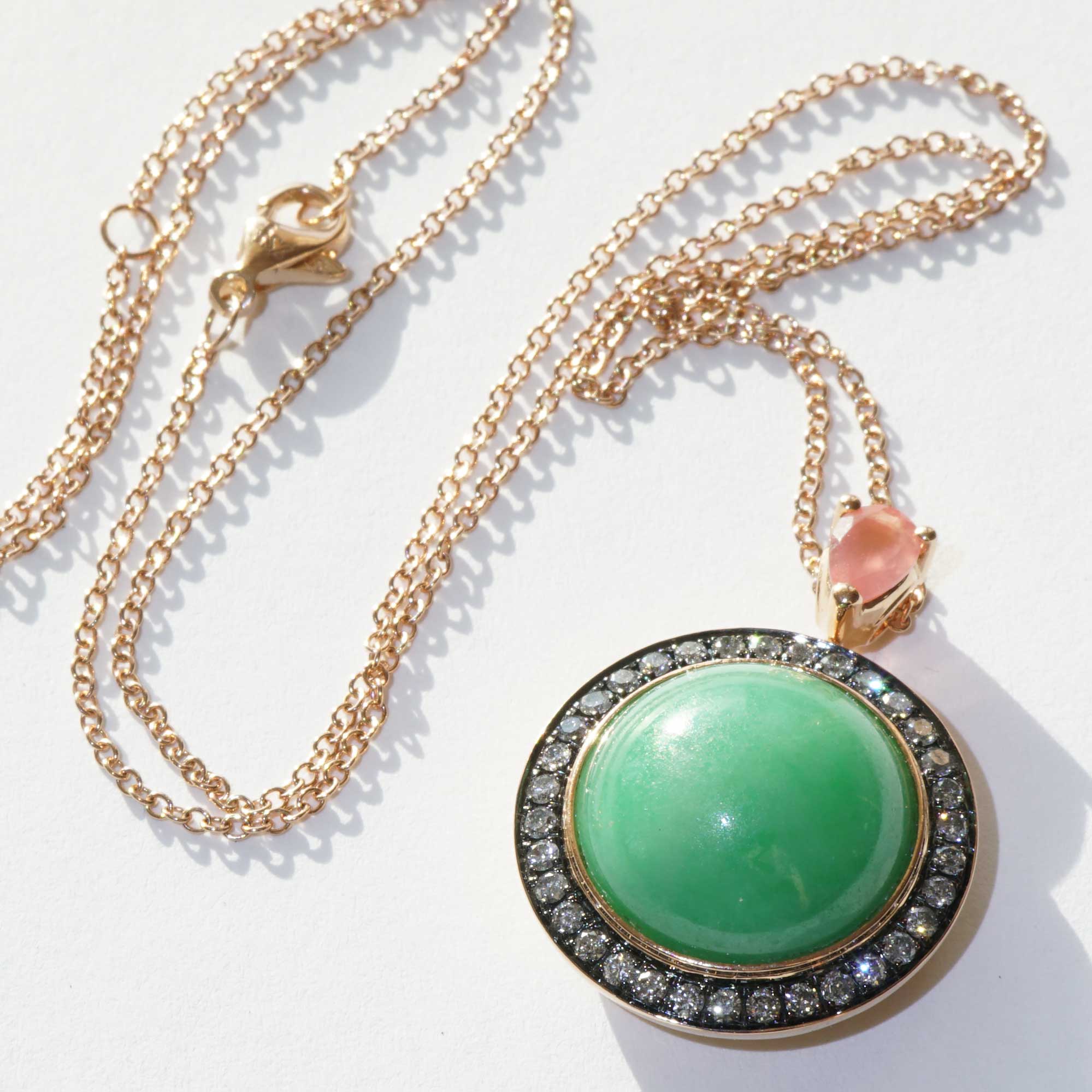 Jade Rhodochrosit Brillant Anhänger mit Kette 750er Rosegold echte Naturjade mit Zertifikat