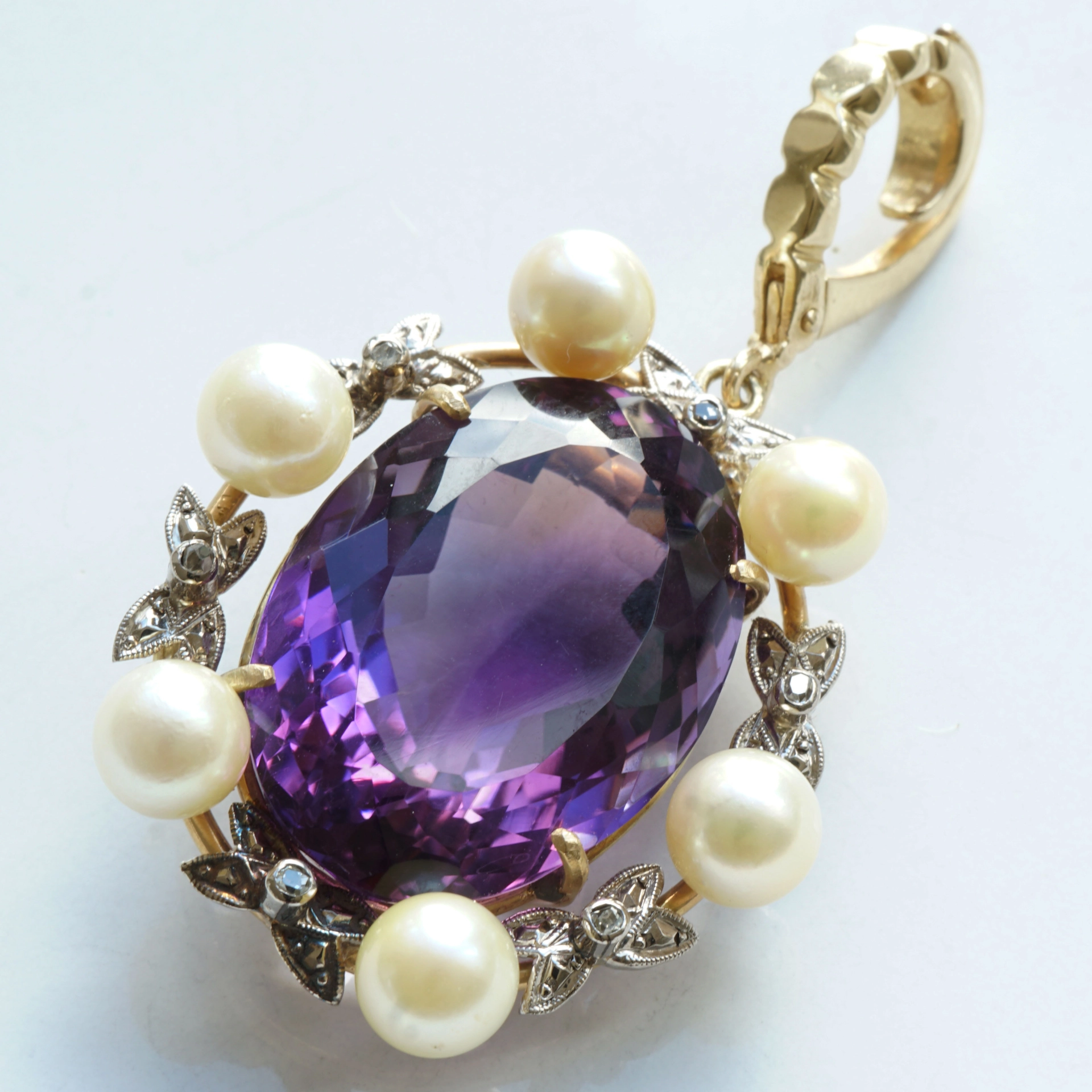 Akoya Zuchtperl Amethyst Diamant Anhänger Clip 585er Gelbgold Retro Stil TOP Amethyst