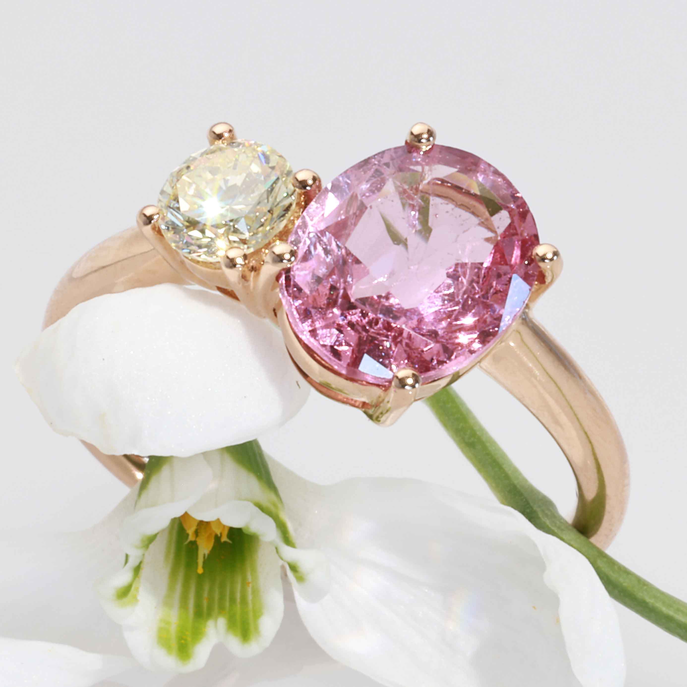 Rosa Spinell Brillant Toi et Moi Ring 750er Rosegold 2.30 0.41 ct zum Kombinieren als Steckring  ideal oder einzeln