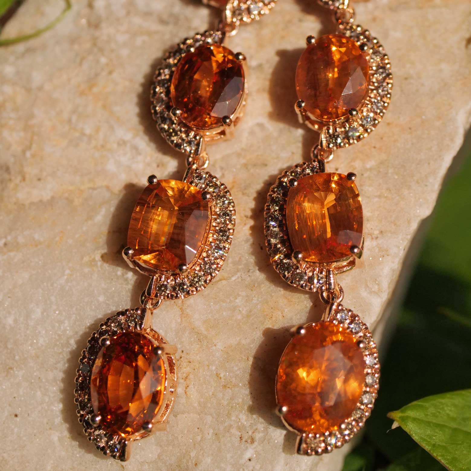 Seltene Mandarin Granat Brillant Chandelier Ohrhänger  750er Rosegold 14.85 ct 0.76 ct Ausnahmefarbe Fanta Orange 