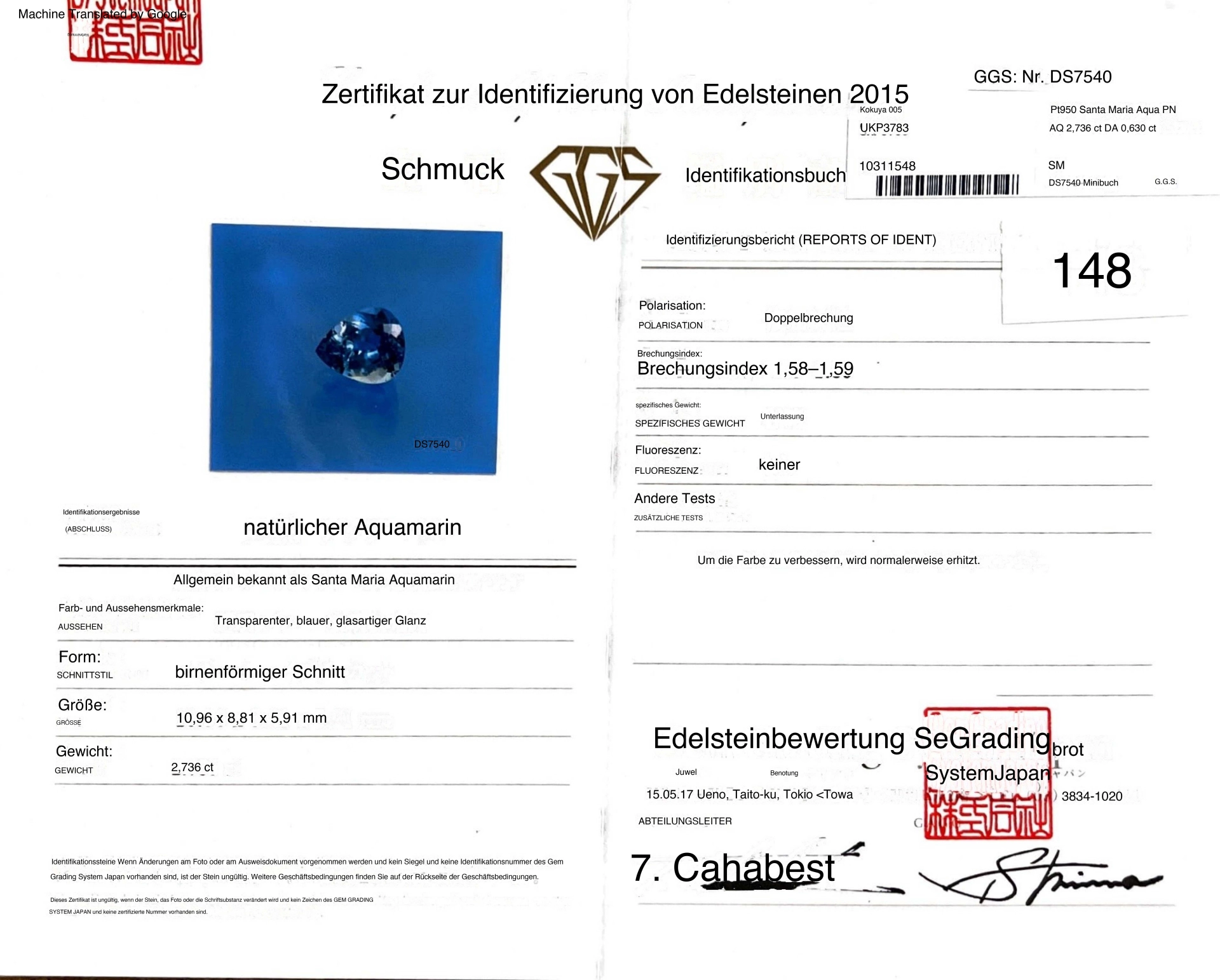 Santa Maria Aquamarin Brillant Anhänger 2.73 ct 0.63 ct Platin 950 intensive Farbbrillanz