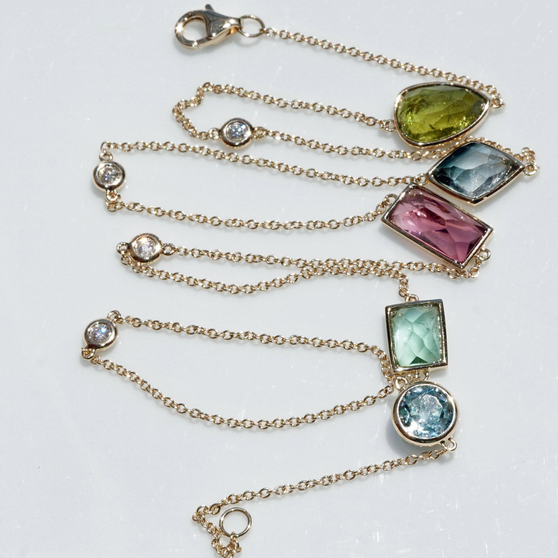 Turmalin Zirkon Brillant Collier 585er Gelbgold Confetti Style....9.50 ct und 0.20 ct TW VS