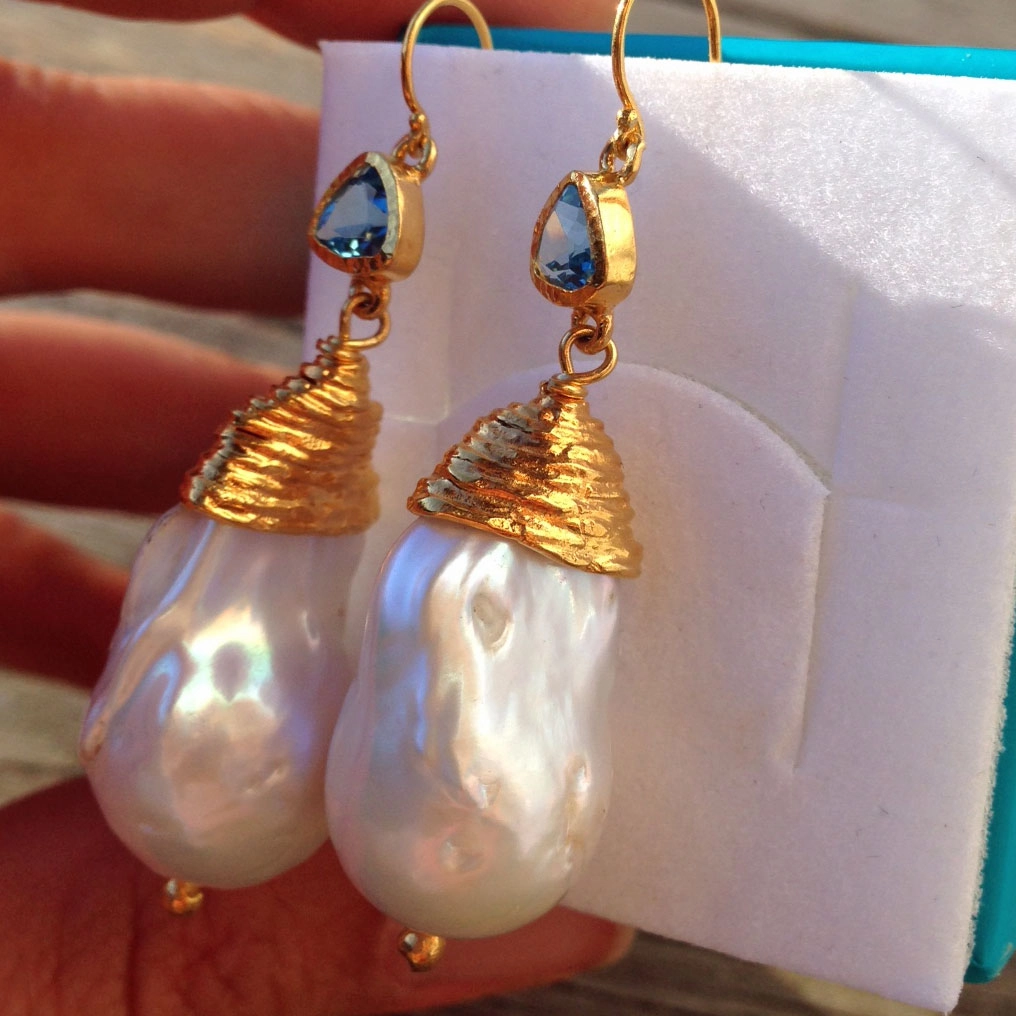 Perl Topas Ohrhänger Silber vergoldet Handarbeit great big