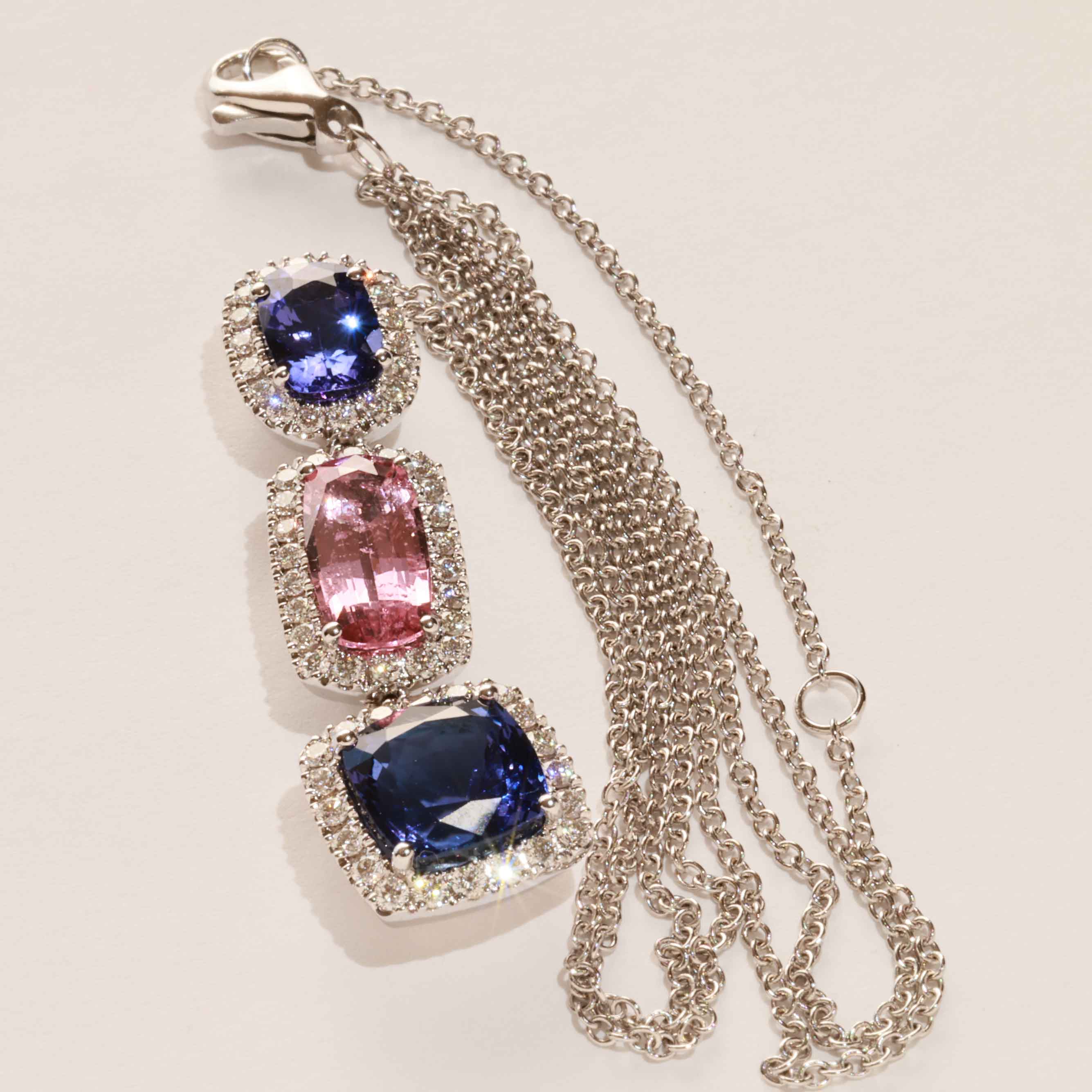 Tansanit Spinell Brillant Anhänger m. Kette 750er Weissgold 6 ct 0.70 AAA+ Blaulilie und Traumrosa