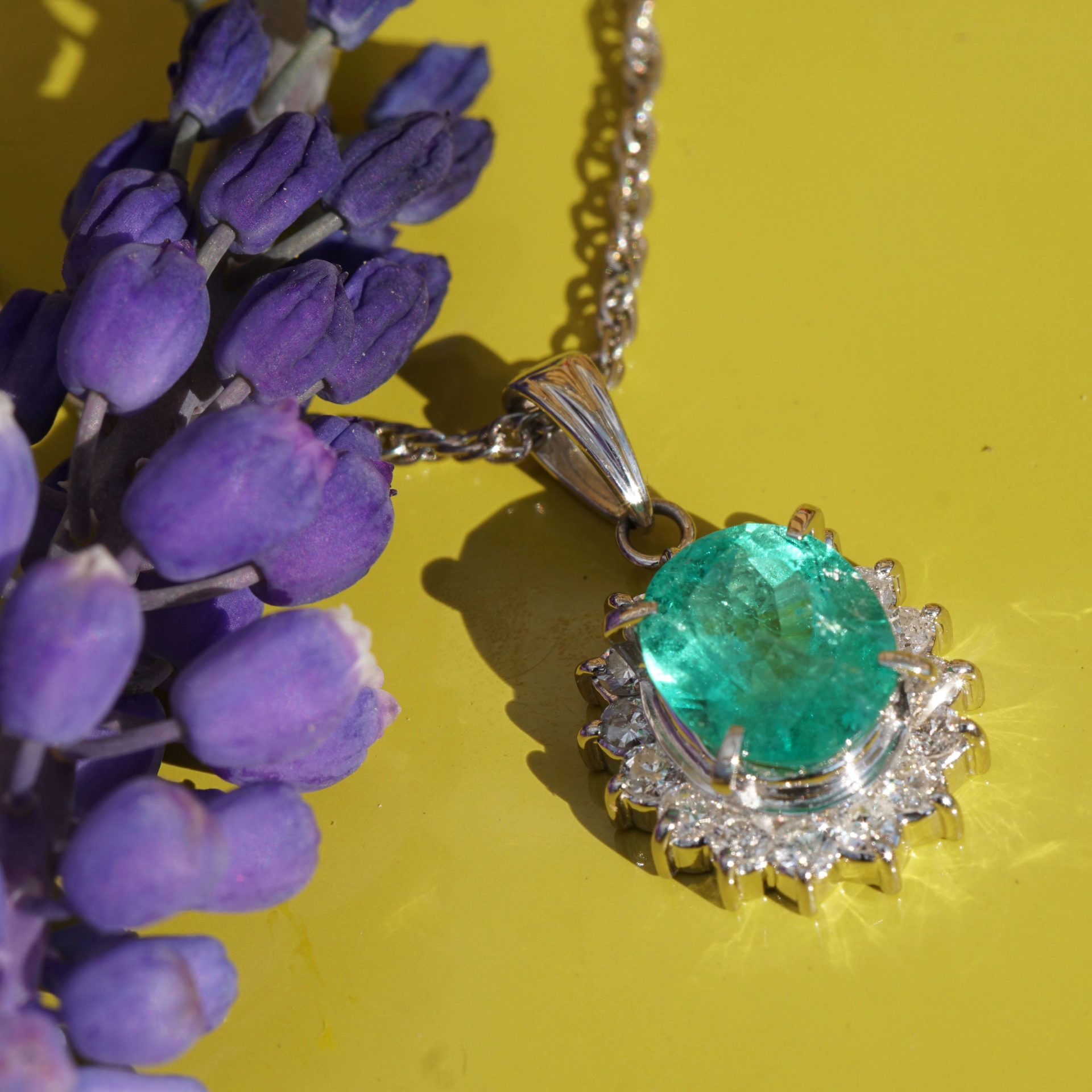 Smaragd Brillant Anhänger m. Kette 1.74 ct 0.50 ct AAA+ 900er Platin Kolumbien