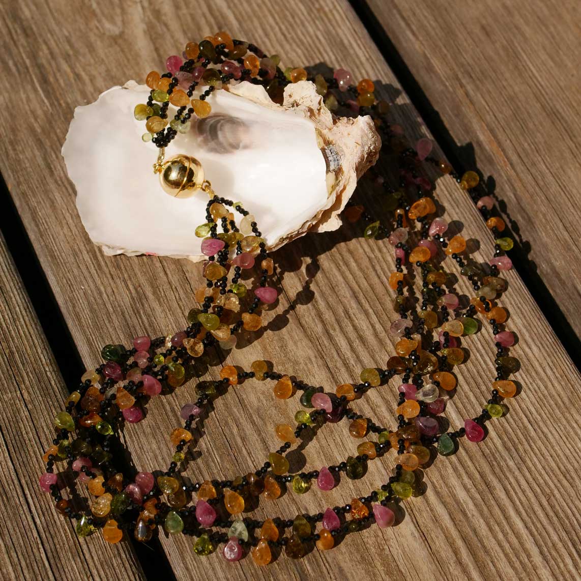 Turmalin Spinell Collier mit Magnetschliesse in 925er Silber/vergoldet 49,5 cm 5-reihig