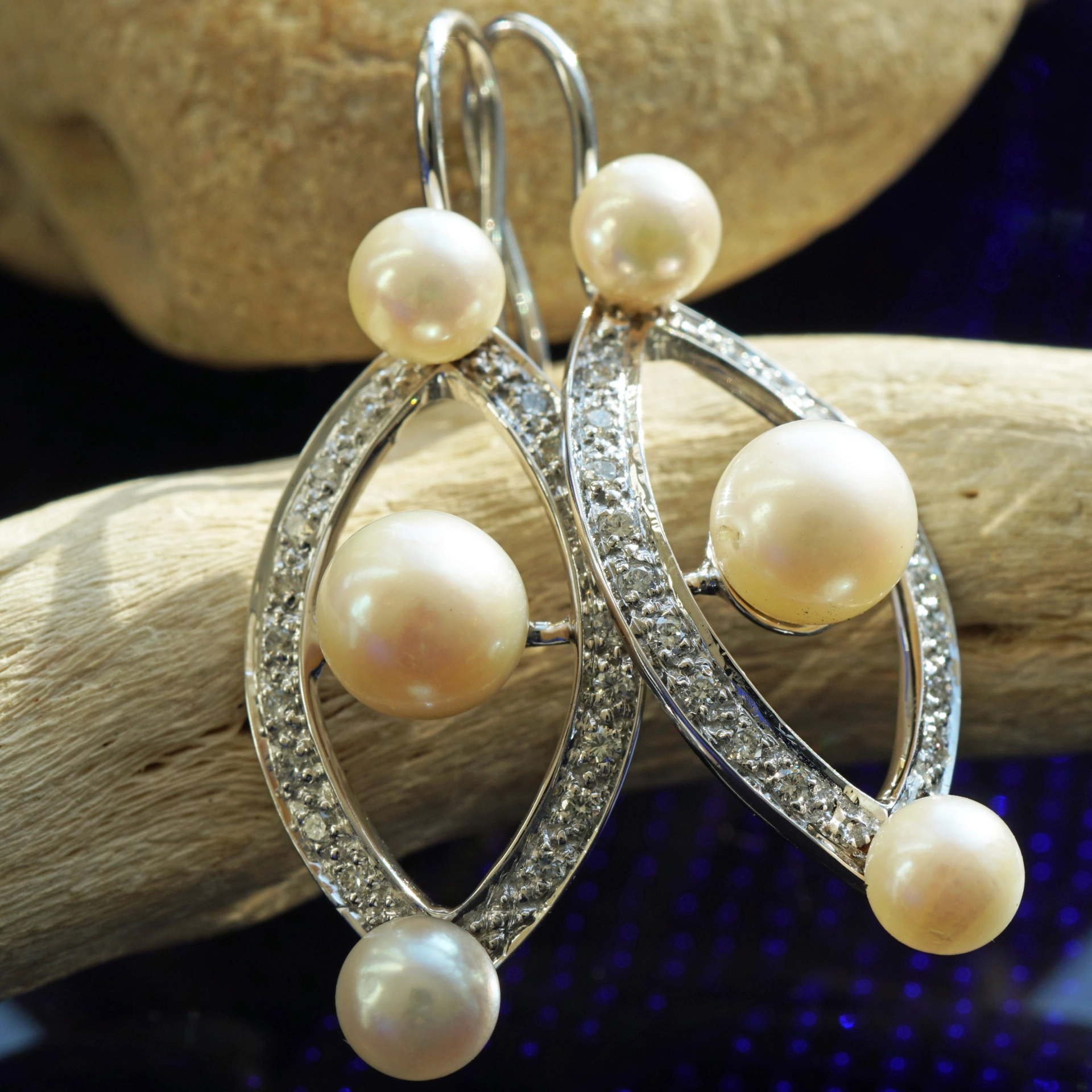 Brillant Perl Ohrhänger 750er Weissgold Ellipse Rivoire 0.44 ct W VS 40 x 14 mm