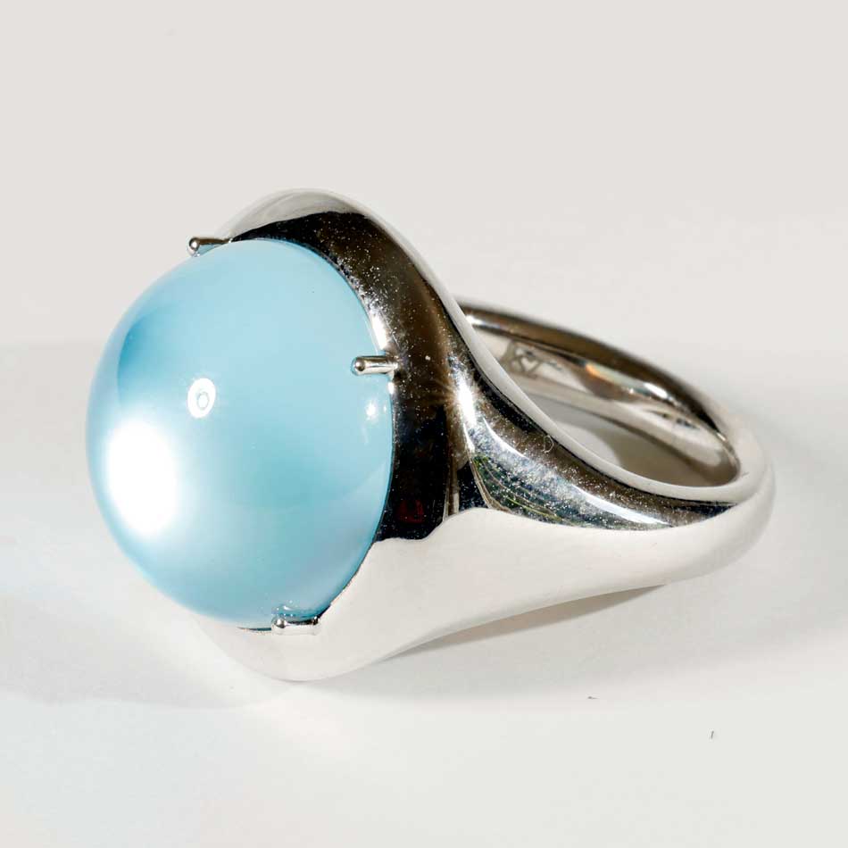 Moderner Blautopas Perlmut Ring 750er Weissgold skyblue Bubble 20 mm Durchmesser