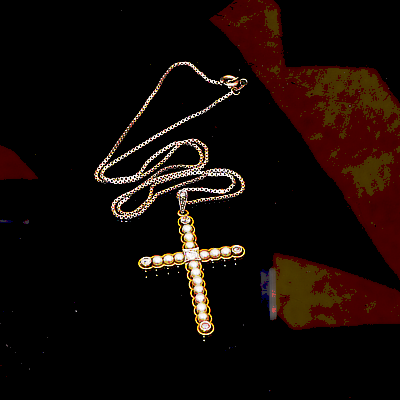 Antikschmuck Kreuz Perl Brillant Anhänger mit Kette 585er Weissgold Gelbgold um 1900