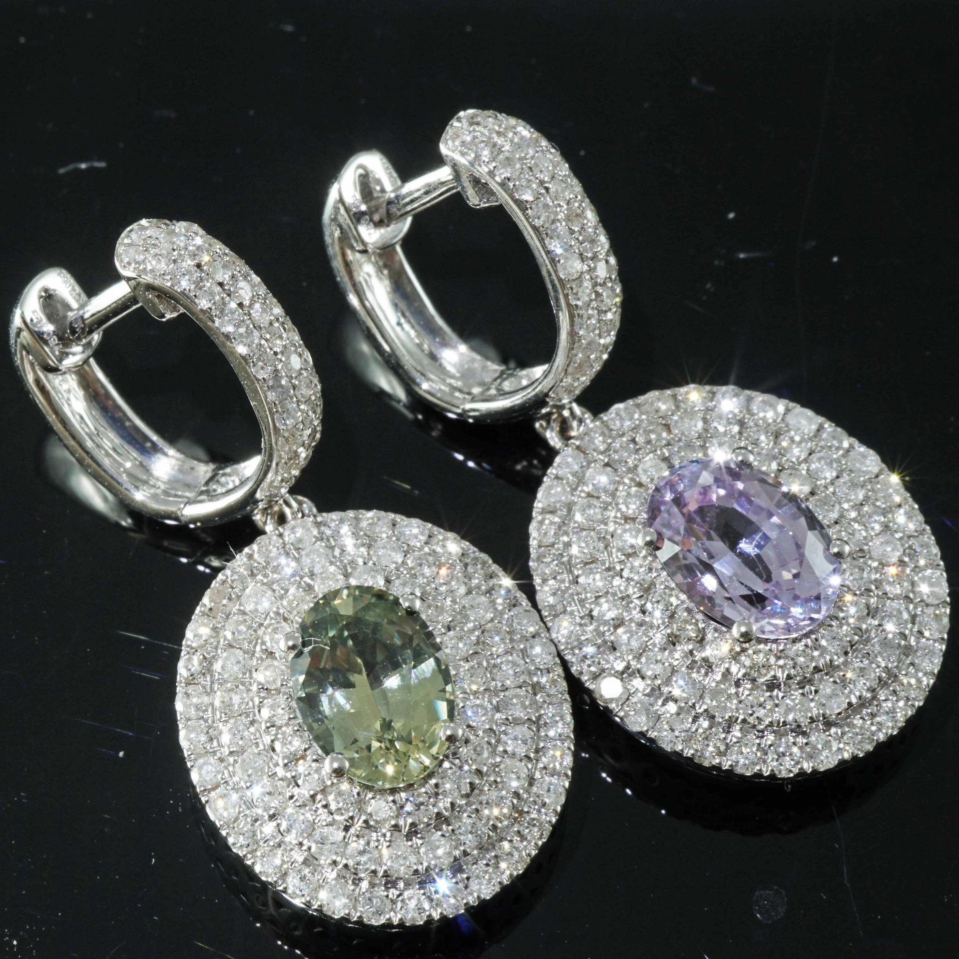 Saphir Brillant Ohrhänger 750er Weissgold aus der Ilakaka Mine Madagascar grün lavendel NATURFARBE