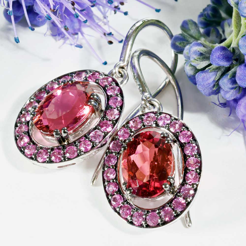 Cooler Farbstein Schmuck I Ohrhänger in 585er Weissgold mit altrosa Turmalinen und violetten Saphiren total ca. 3.39 ct