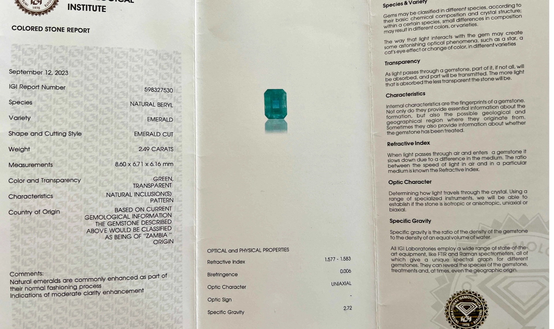 Smaragd Brillant Anhänger / Kette 750er Gelbgold 2.49 ct 0.51 ct IGI Expertise
