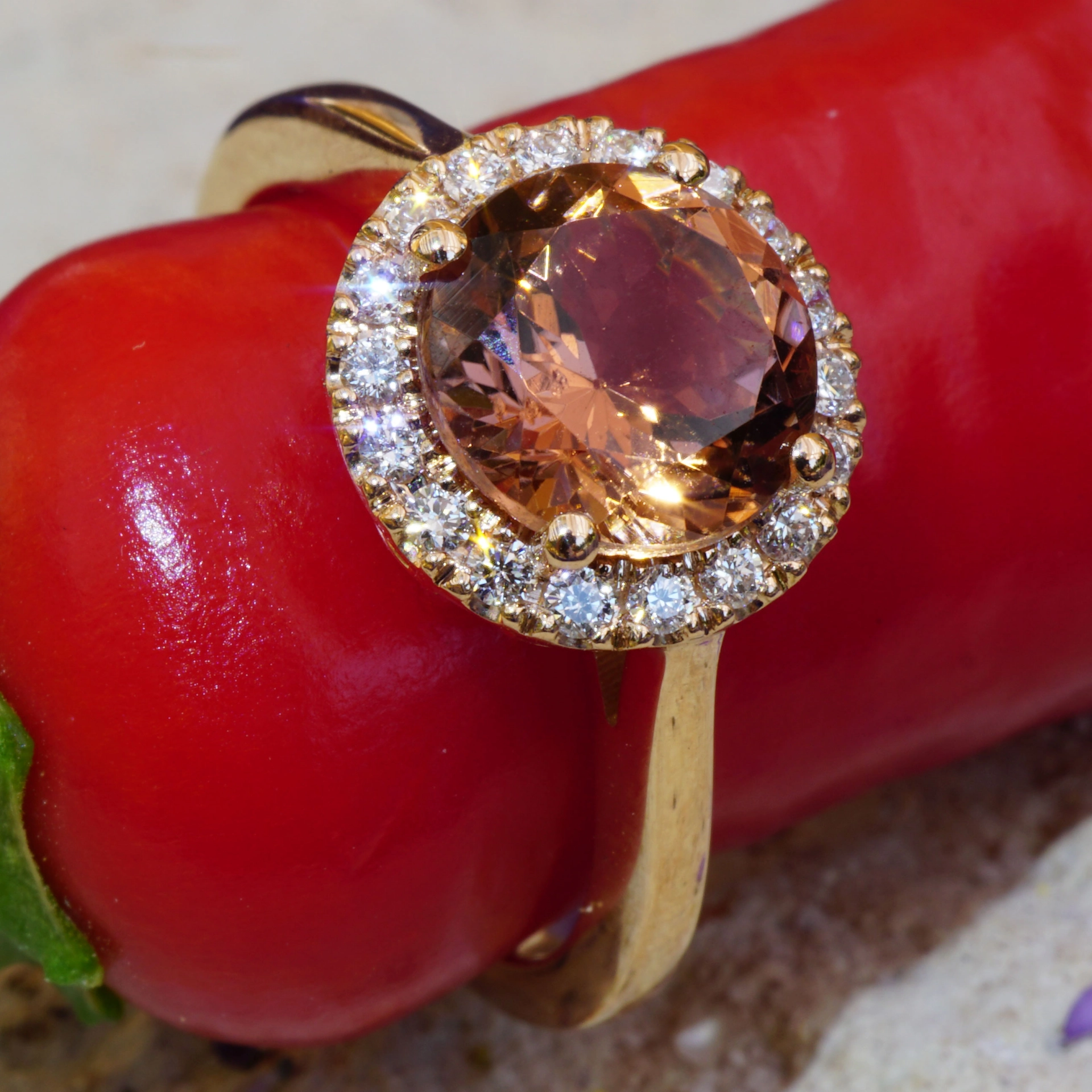 Turmalin Brillant Ring 750er Rosegold 1.90 0.18 ct designed in Valenza rose-cognac AAA