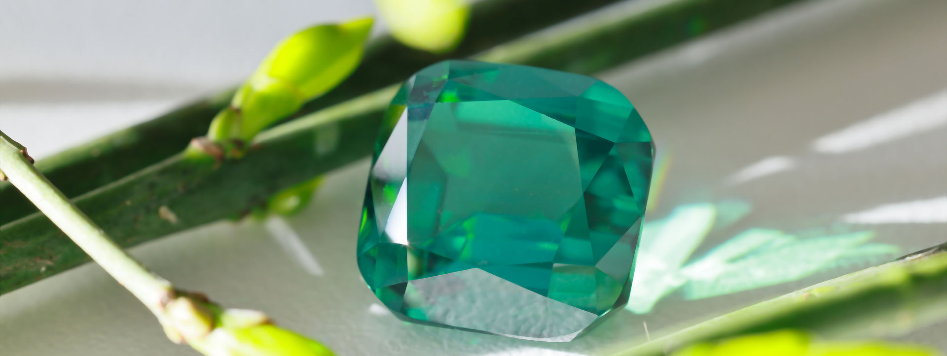 grüner turmalin vor zweigen mit hellgrünen knospen