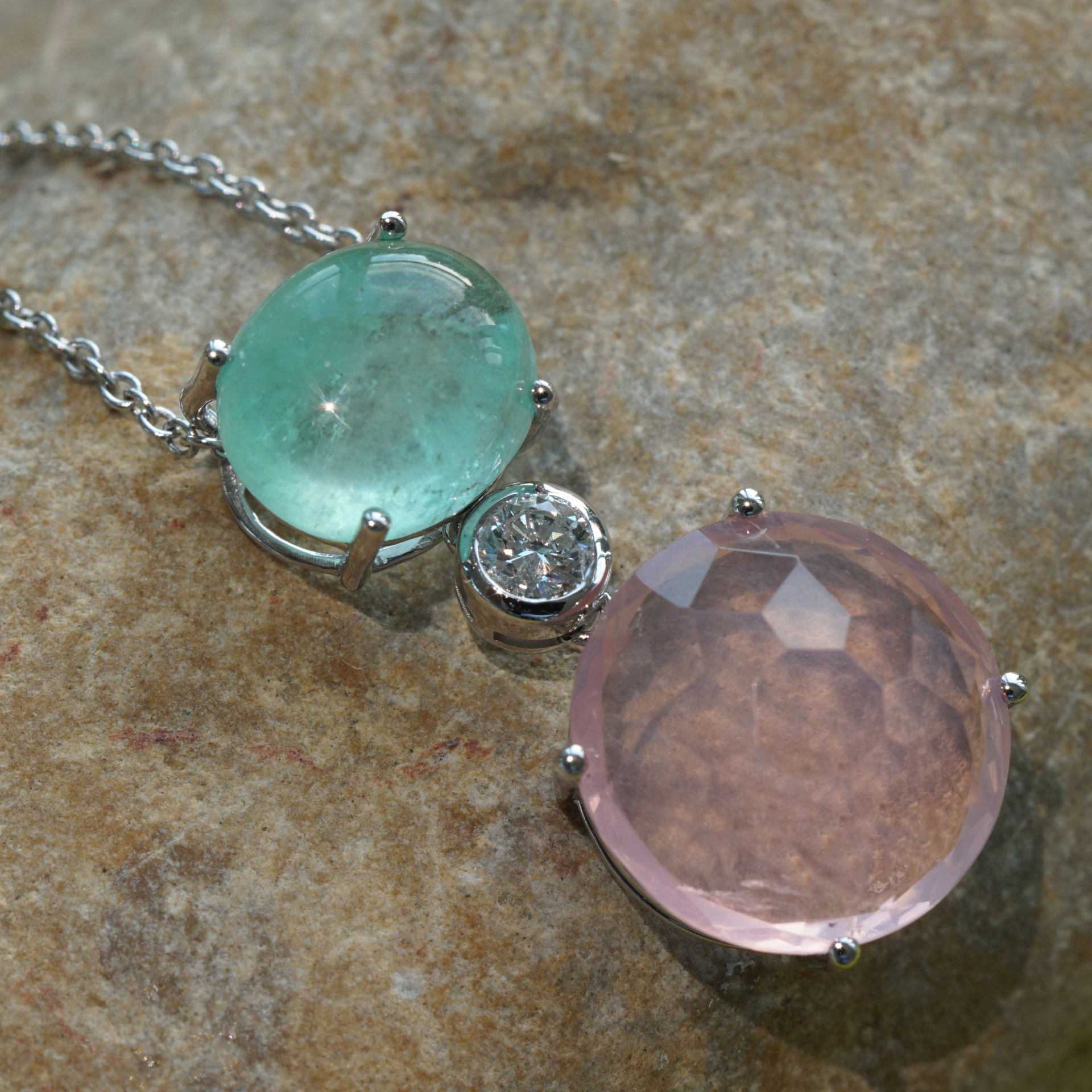Smaragd Rosenquarz Brillant Anhänger mit Kette 750er Weissgold ...romantic story