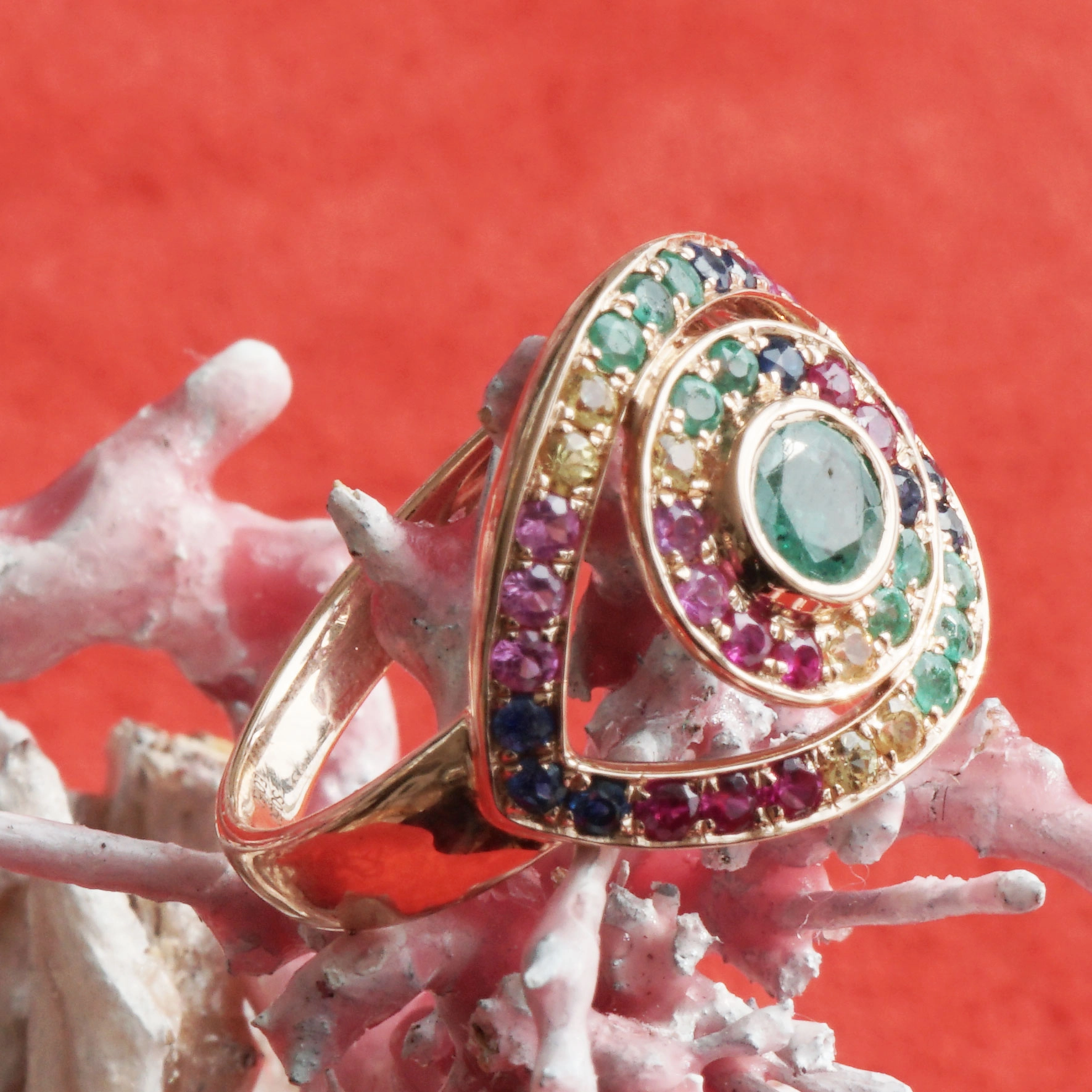 Rubin Smaragd Saphir Ring 1.10 ct hipp 750er Rosegold FÜNF FARBEN
