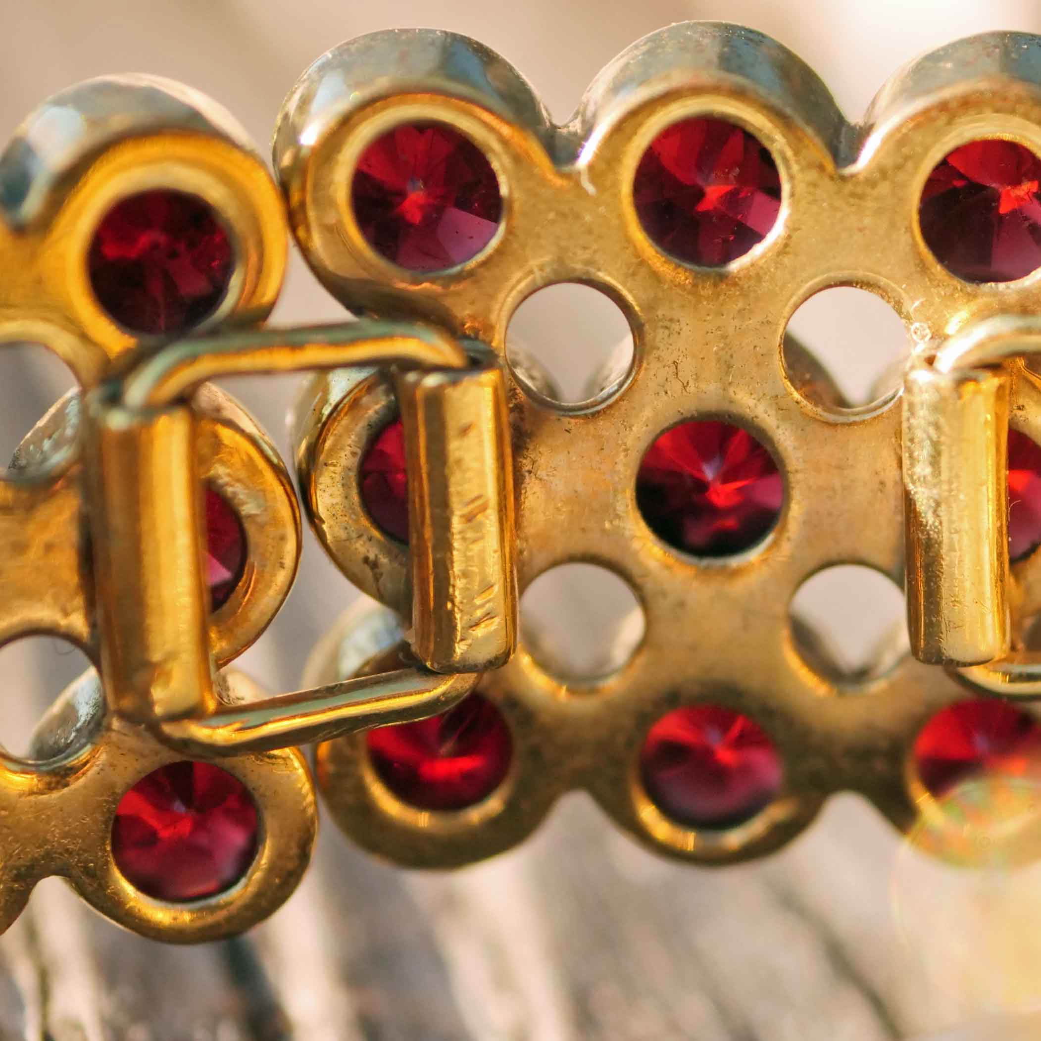 Granat Armband um 1900 Silber vergoldet punziert RF (Robert Flume) dreireihig