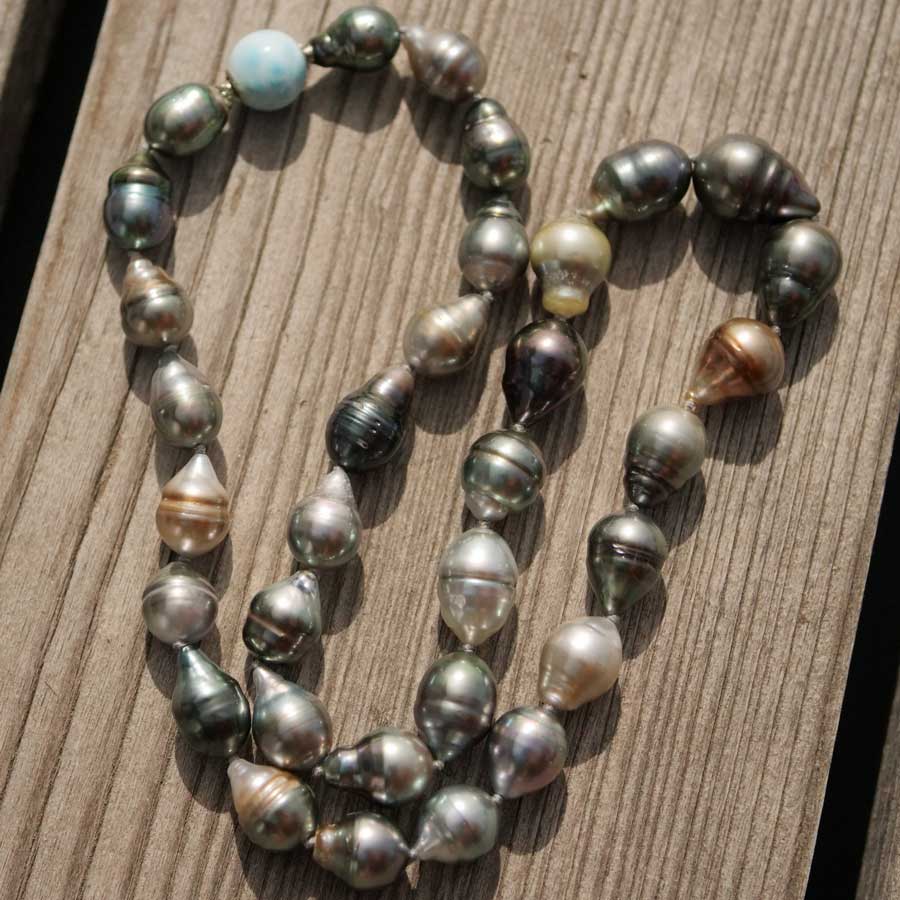 Larimar Tahiti Zuchtperl Collier 8-11  mm barocke schöne Qualität mit intensiven Lüster unbehandelt 46,50 cm lang