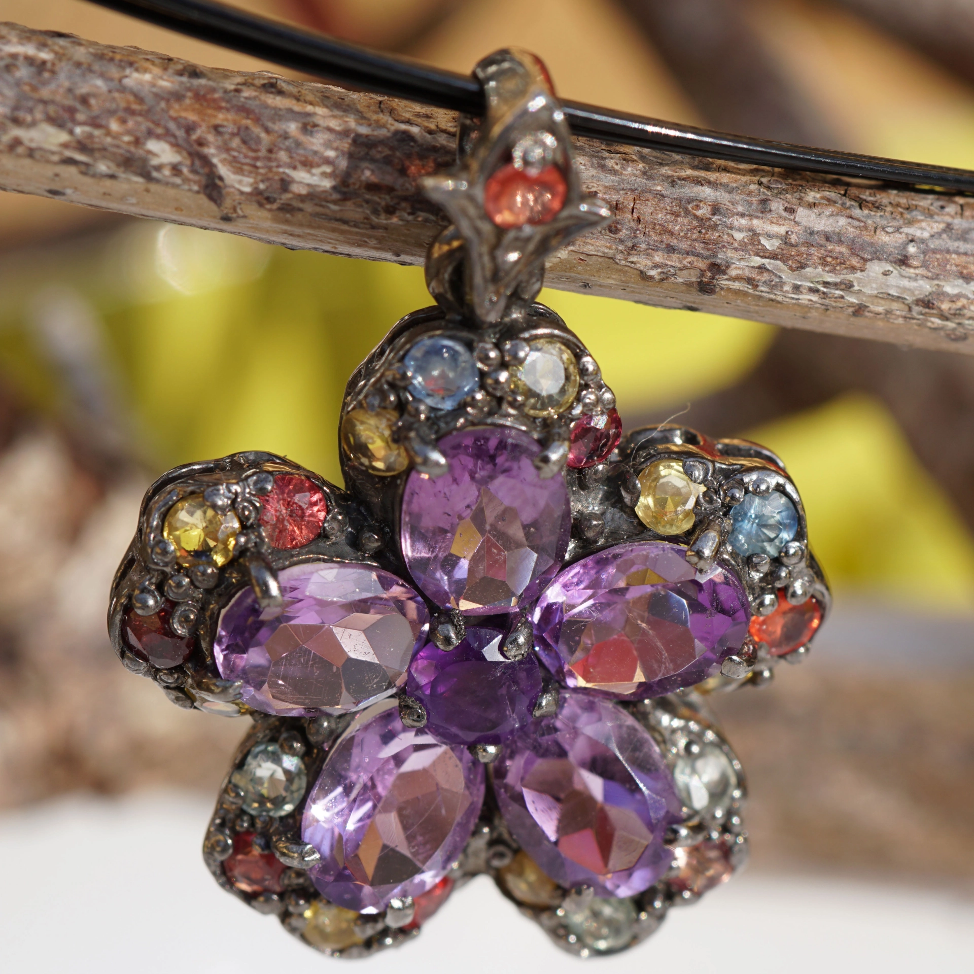 Edelstein Anhänger 925er Silber bunt in Blütenform Amethyst, Turmalin, ....