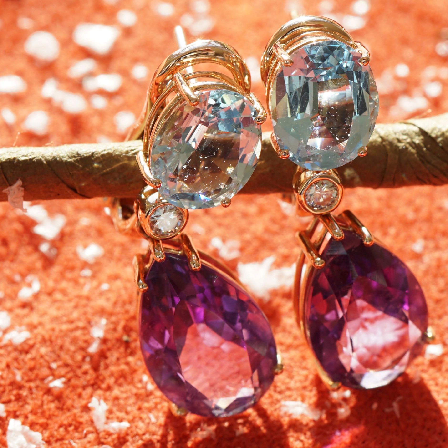 Aquamarin Amethyst Ohrhänger m. Brillanten in 750er Rosegold hochwertig