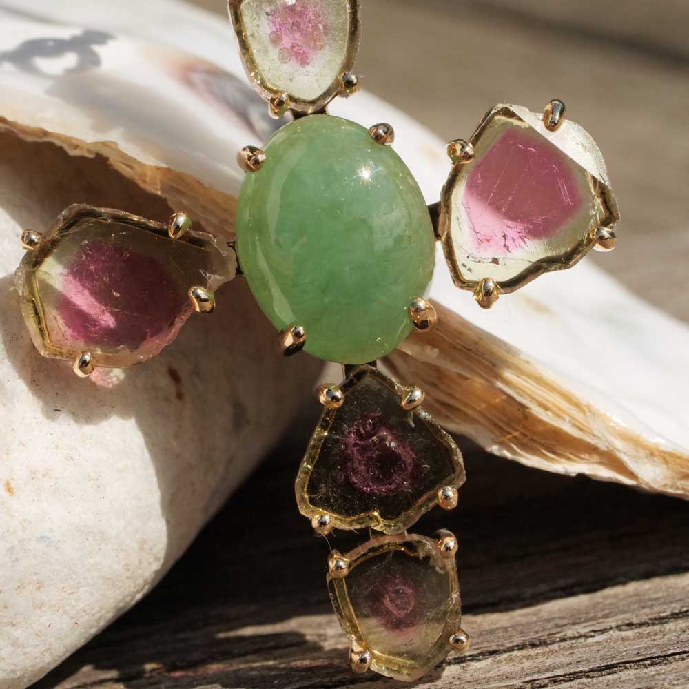 Anhänger Kreuz Wassermelonen Turmalin Jade 585er Gelbgold 10.20 ct 15.29 ct mit Kurzgutachten