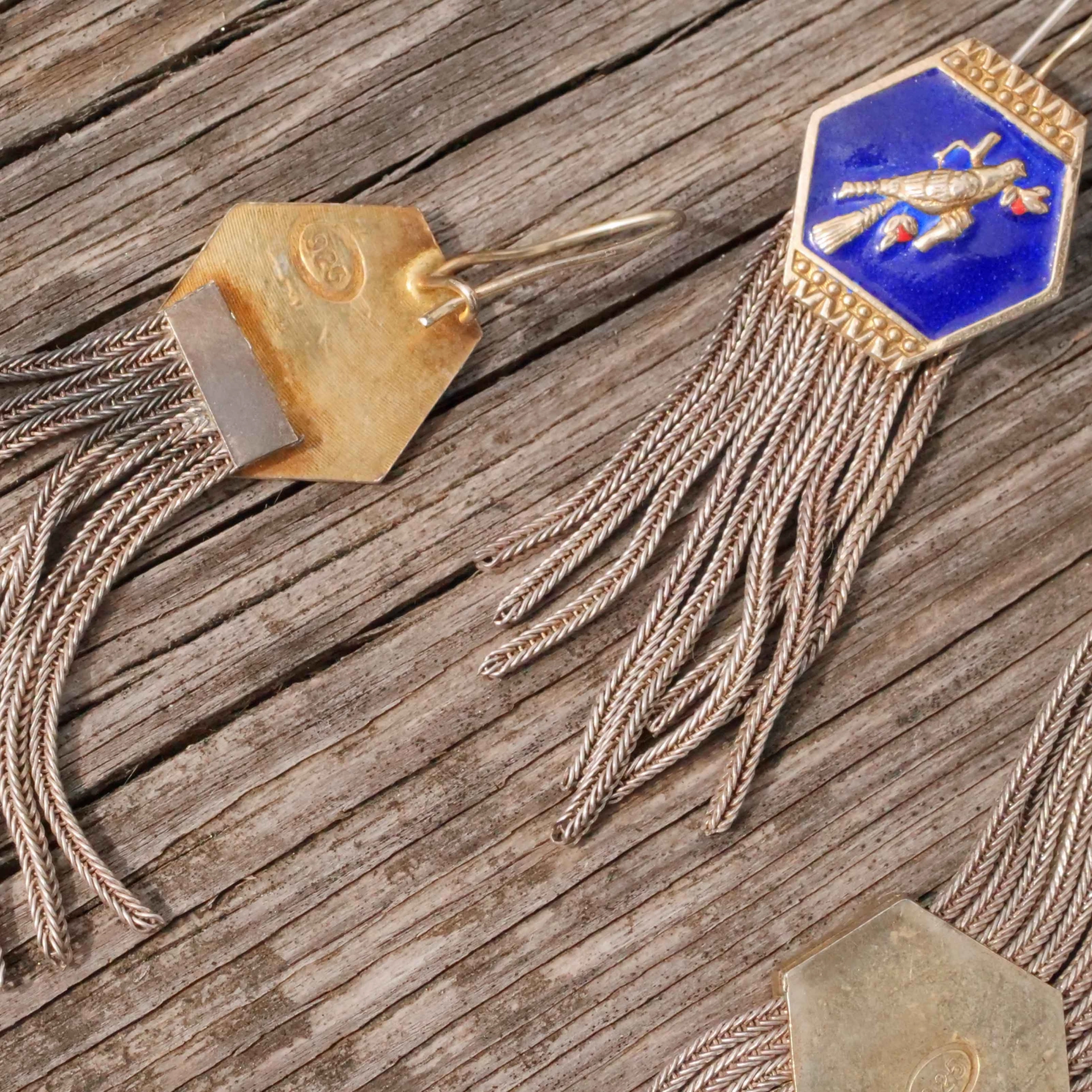 Florales Silber Emaille Collier mit passenden Ohrhängern...sehr dekorativ mit kleinen Vögelchen