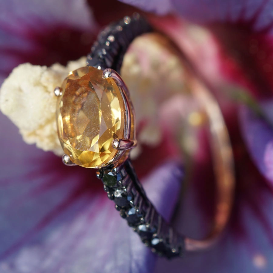 Diamant Memoire Ring Citrin 0.30 ct Diamanten schwarz GALAXY 750er Gold